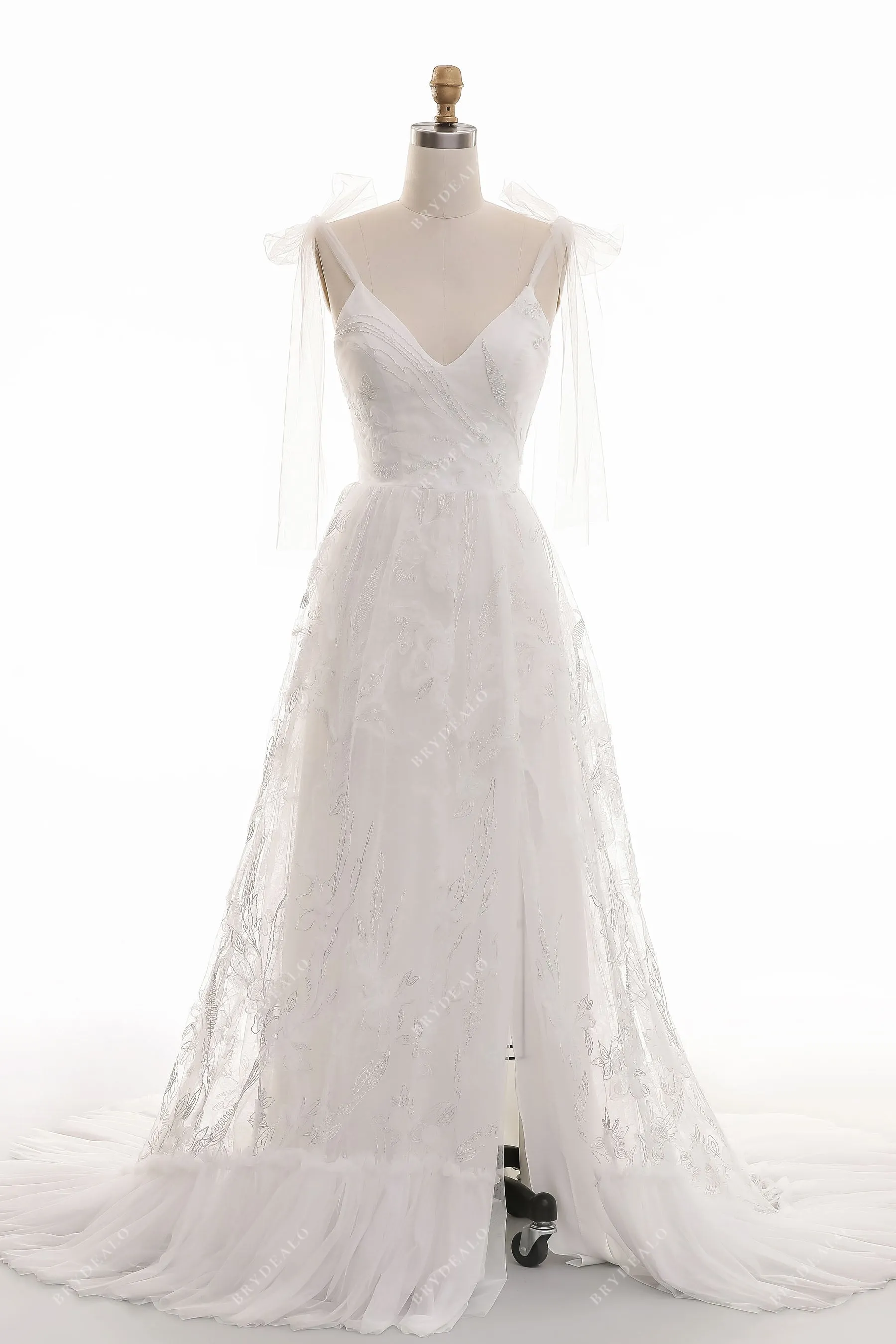 High Slit Lace Beach Ruffled A-line V-neck Wedding Dress