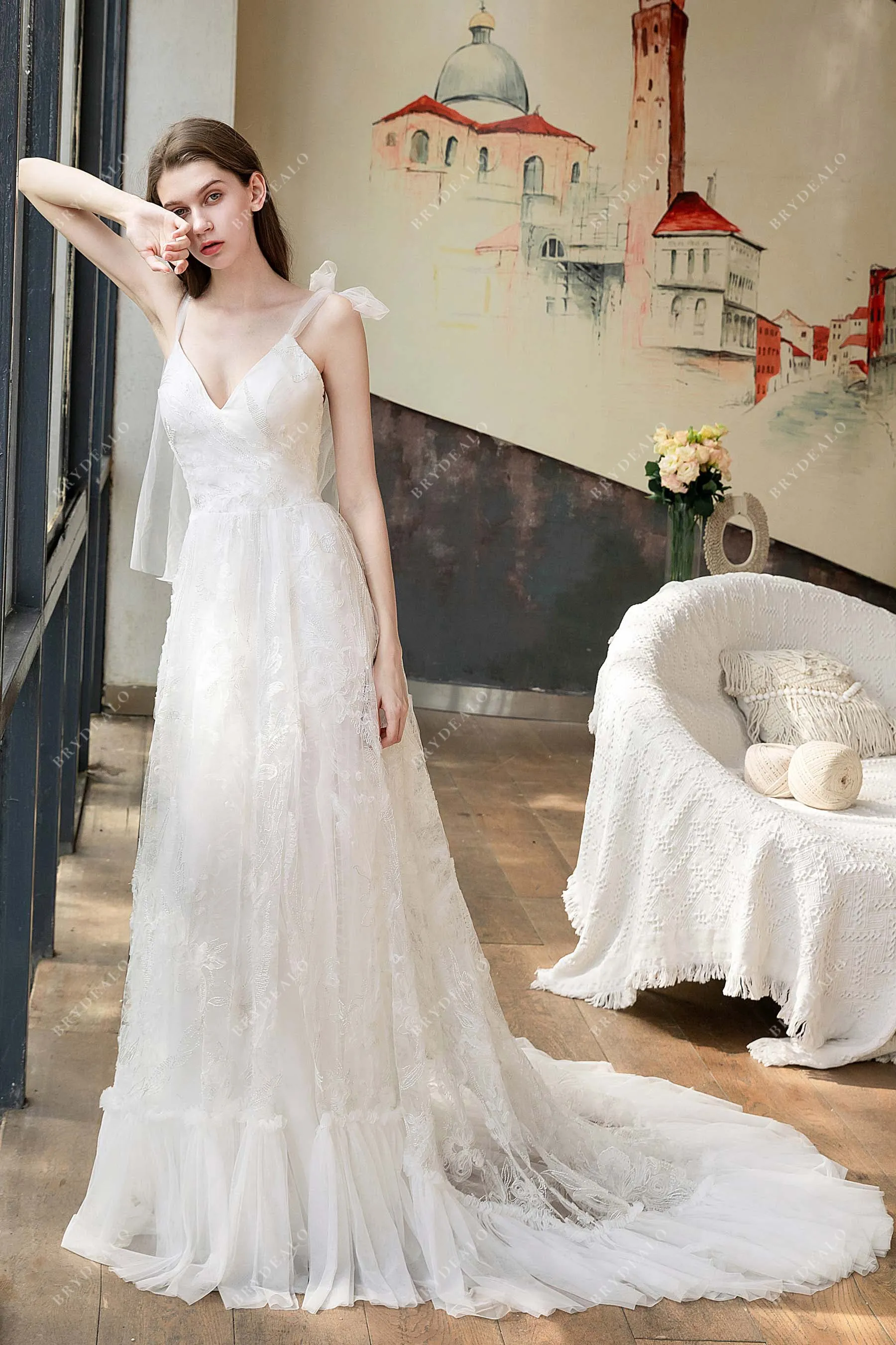 High Slit Lace Beach Ruffled A-line V-neck Wedding Dress