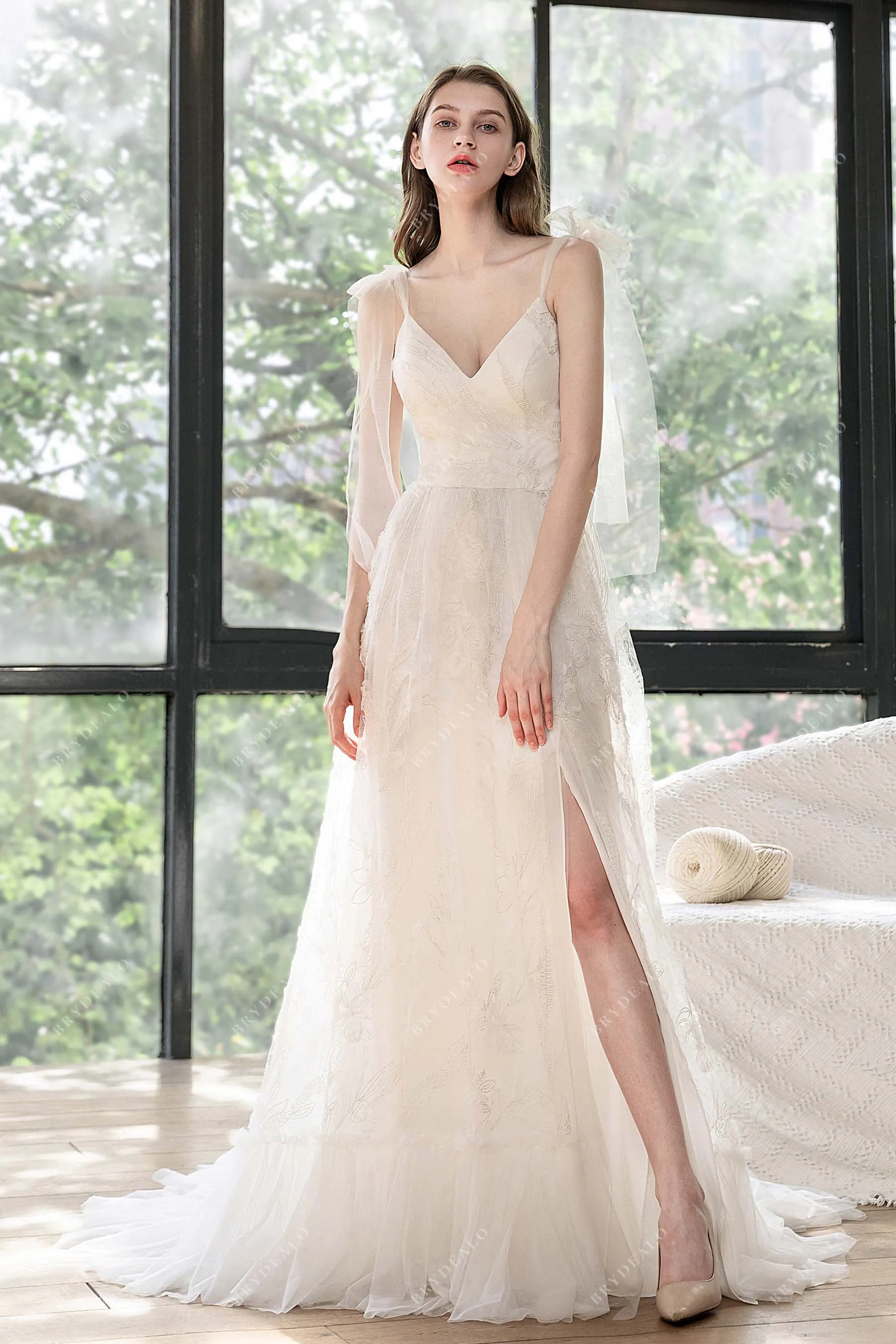 High Slit Lace Beach Ruffled A-line V-neck Wedding Dress