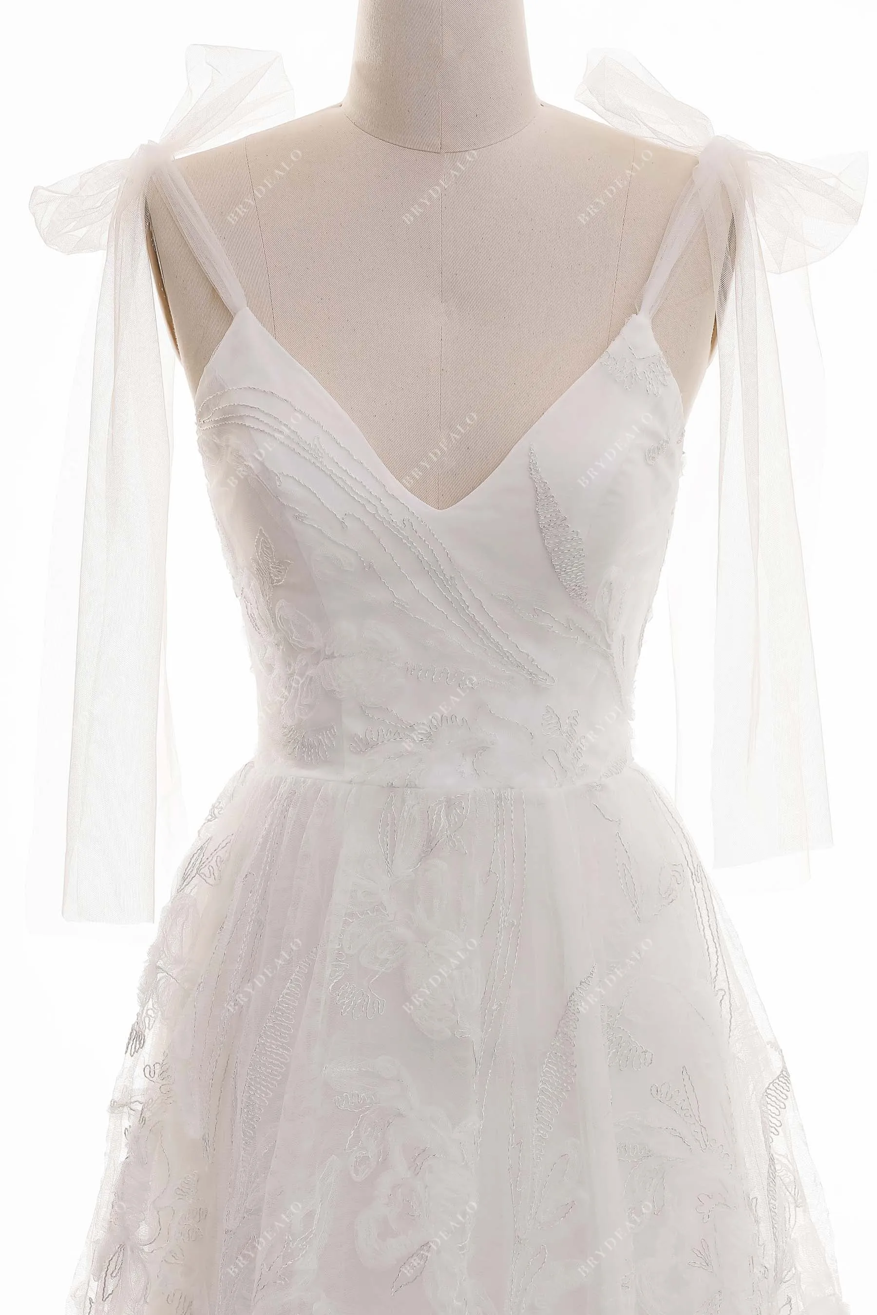High Slit Lace Beach Ruffled A-line V-neck Wedding Dress