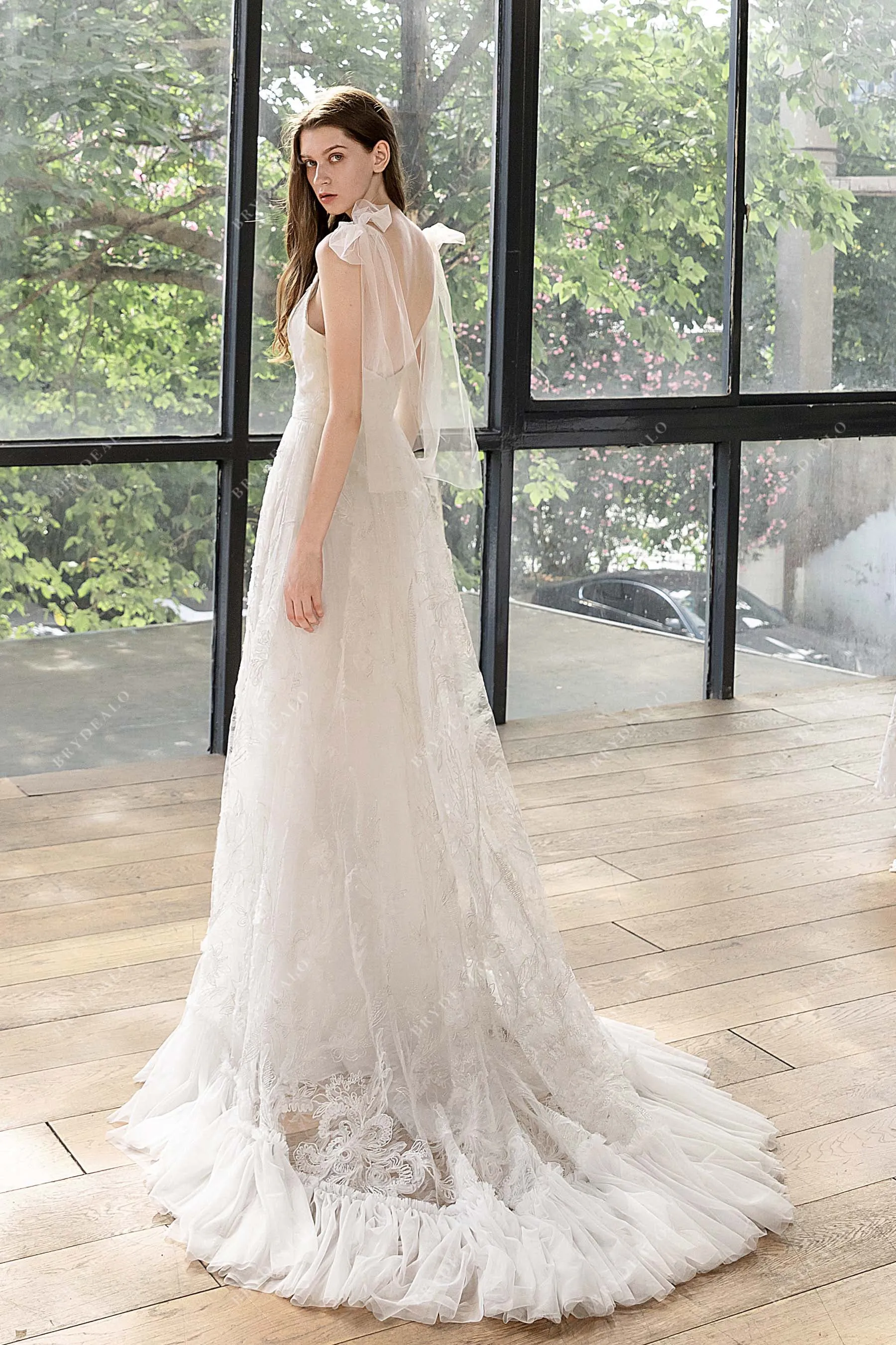 High Slit Lace Beach Ruffled A-line V-neck Wedding Dress