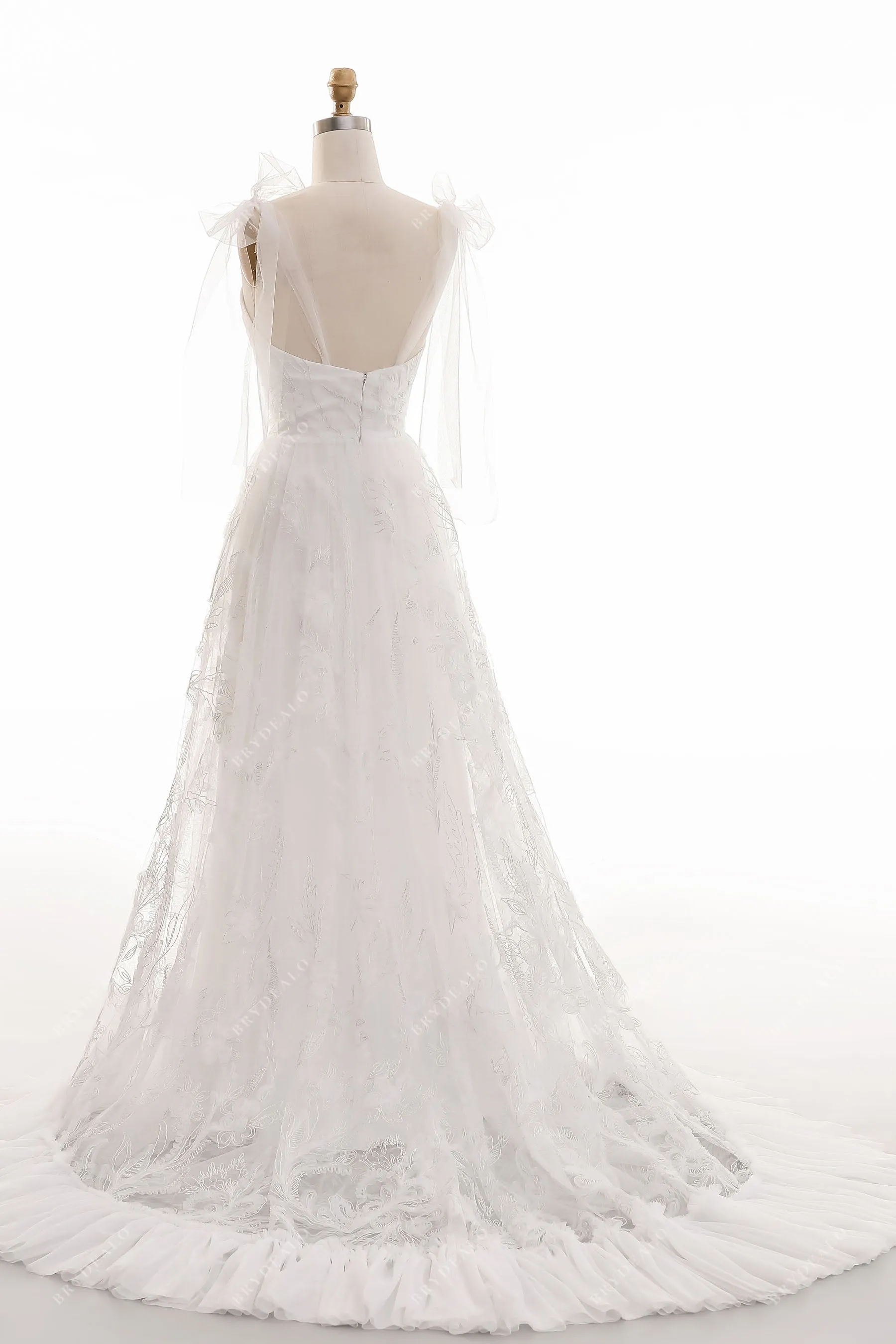 High Slit Lace Beach Ruffled A-line V-neck Wedding Dress