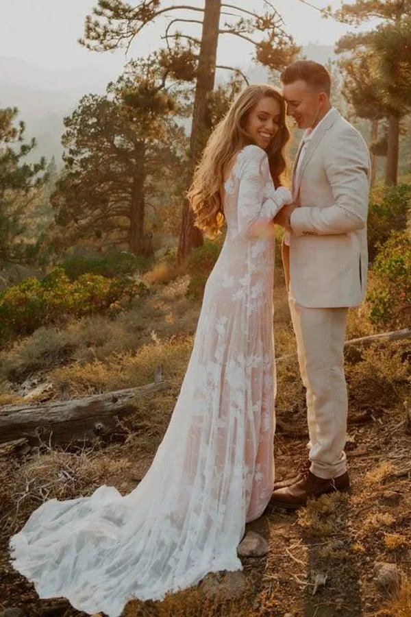 Ivory Long Sleeve Rustic Wedding Dresses Backless Sheath Beach Wedding Dress  WD384