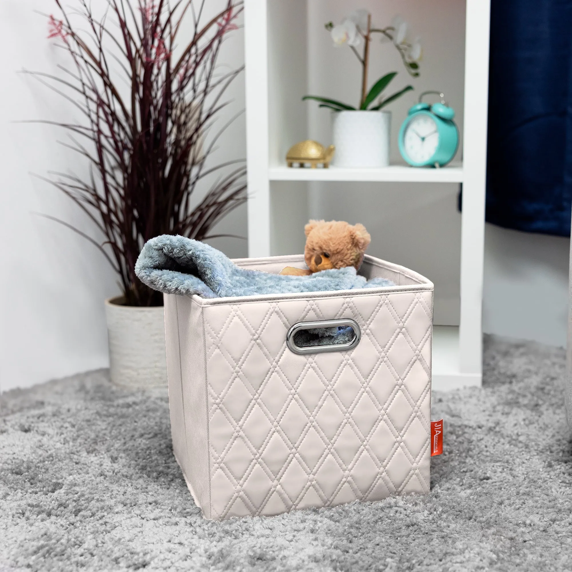JIAessentials 12 inch Foldable Diamond Patterned Faux Leather Storage Cube Bins Set of Two with Dual Handles - 12" Beige