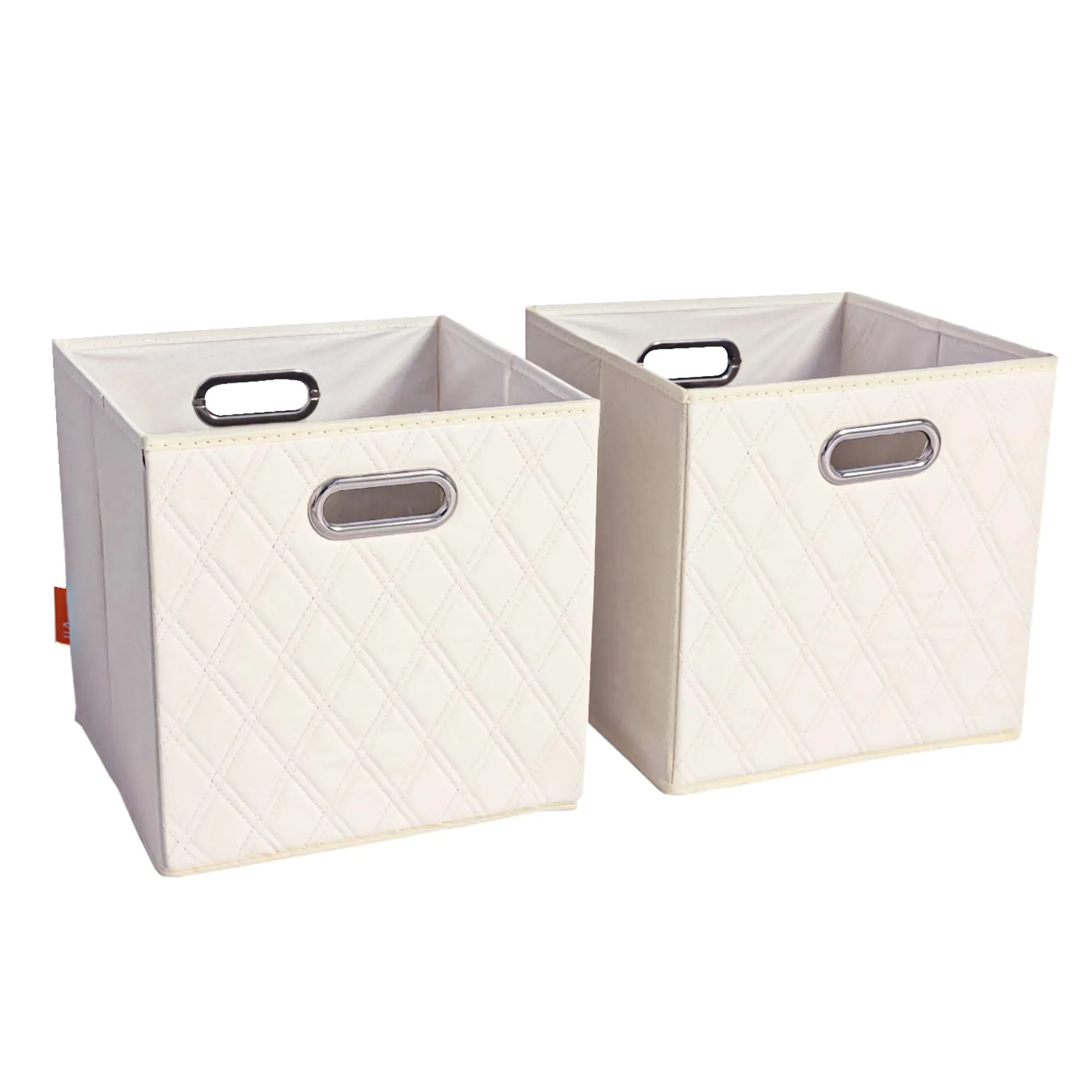 JIAessentials 12 inch Foldable Diamond Patterned Faux Leather Storage Cube Bins Set of Two with Dual Handles - 12" Beige