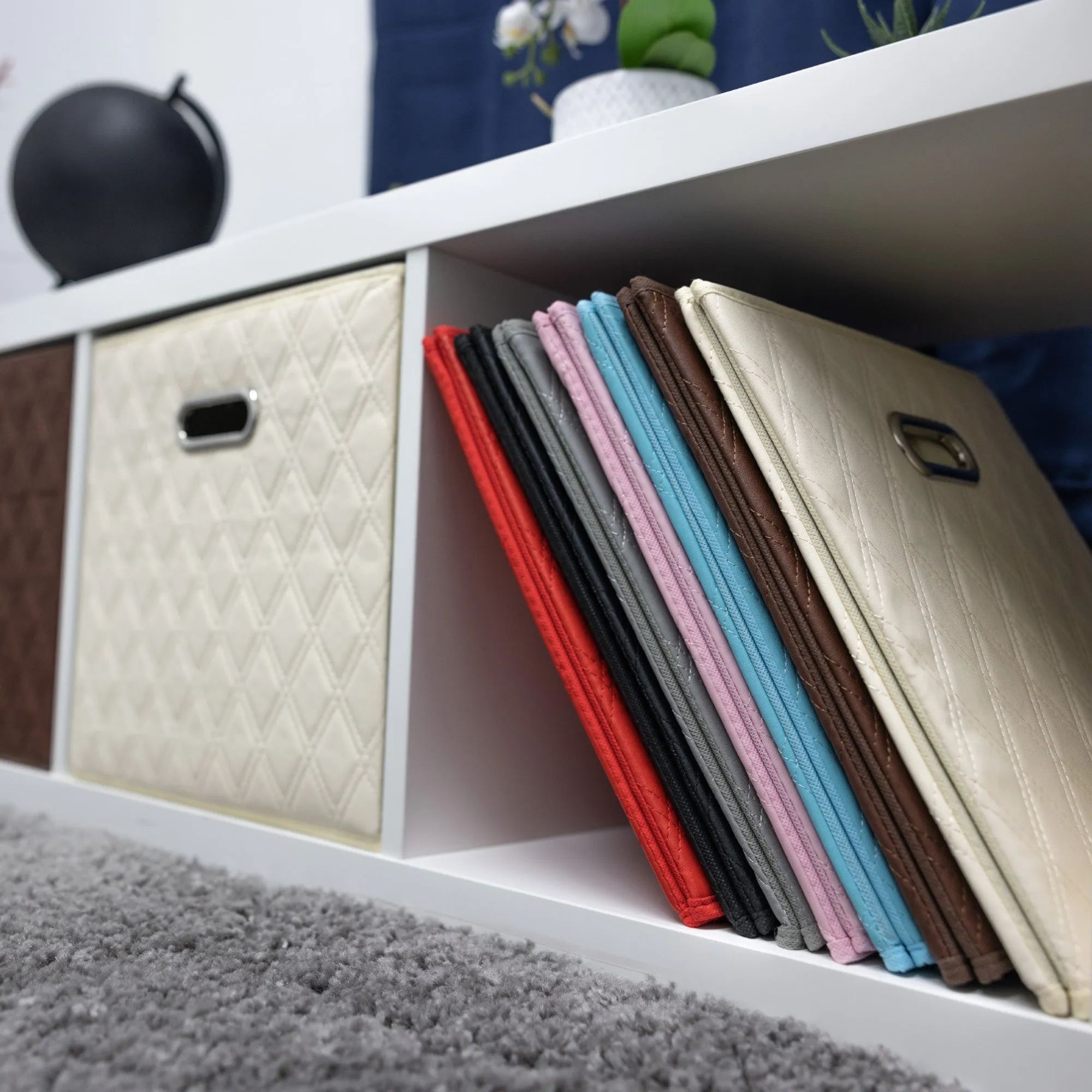 JIAessentials 12 inch Foldable Diamond Patterned Faux Leather Storage Cube Bins Set of Two with Dual Handles - 12" Beige