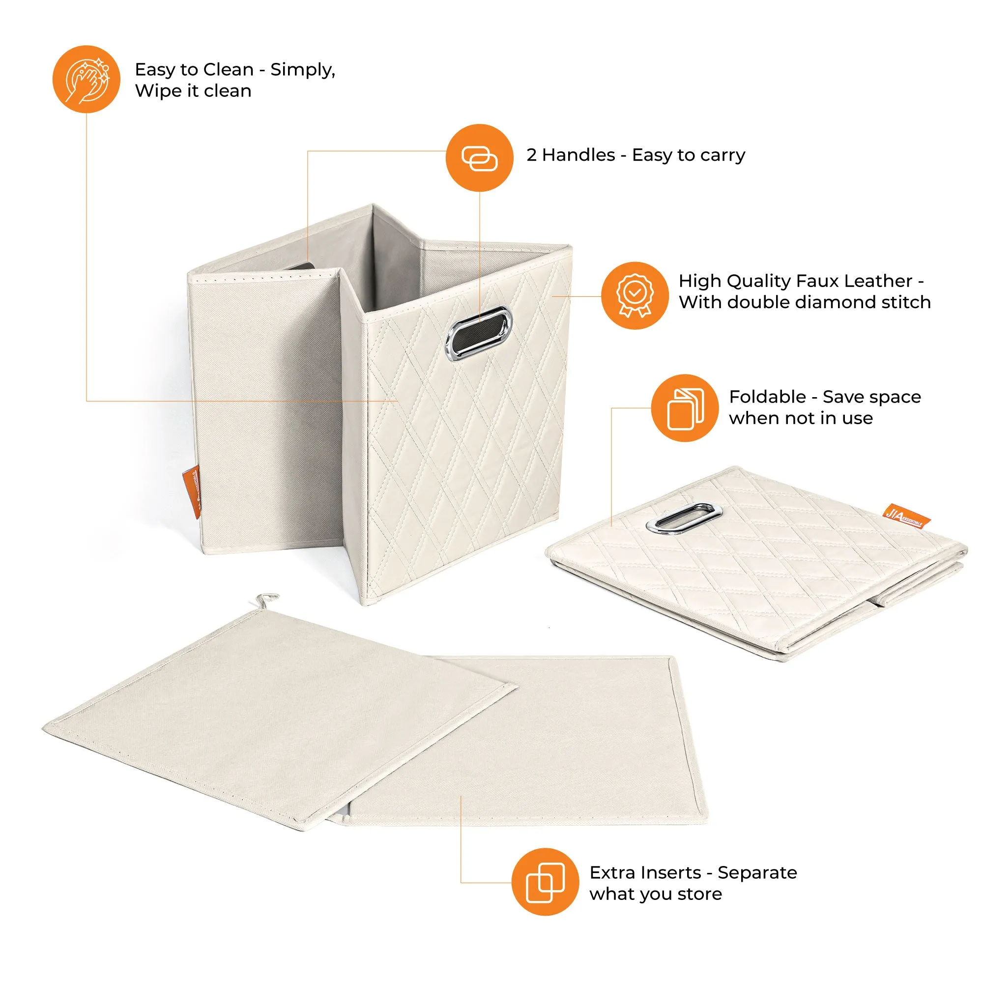 JIAessentials 12 inch Foldable Diamond Patterned Faux Leather Storage Cube Bins Set of Two with Dual Handles - 12" Beige