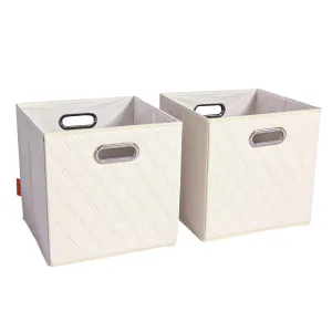 JIAessentials 12 inch Foldable Diamond Patterned Faux Leather Storage Cube Bins Set of Two with Dual Handles - 12" Beige