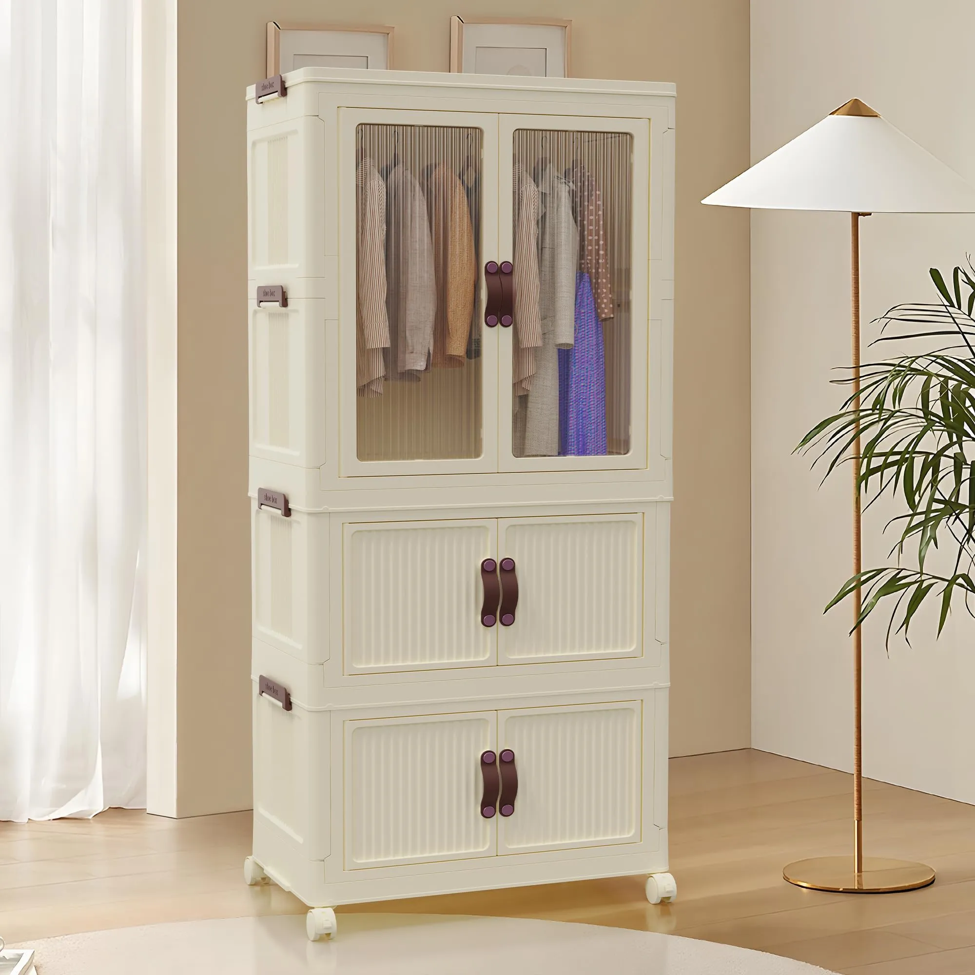 Jifvrnk Portable Closet Wardrobe, Collapsible Armoire Wardrobe Closet with Doors, Wheels and Hanging Rod, Easy Install(Large)