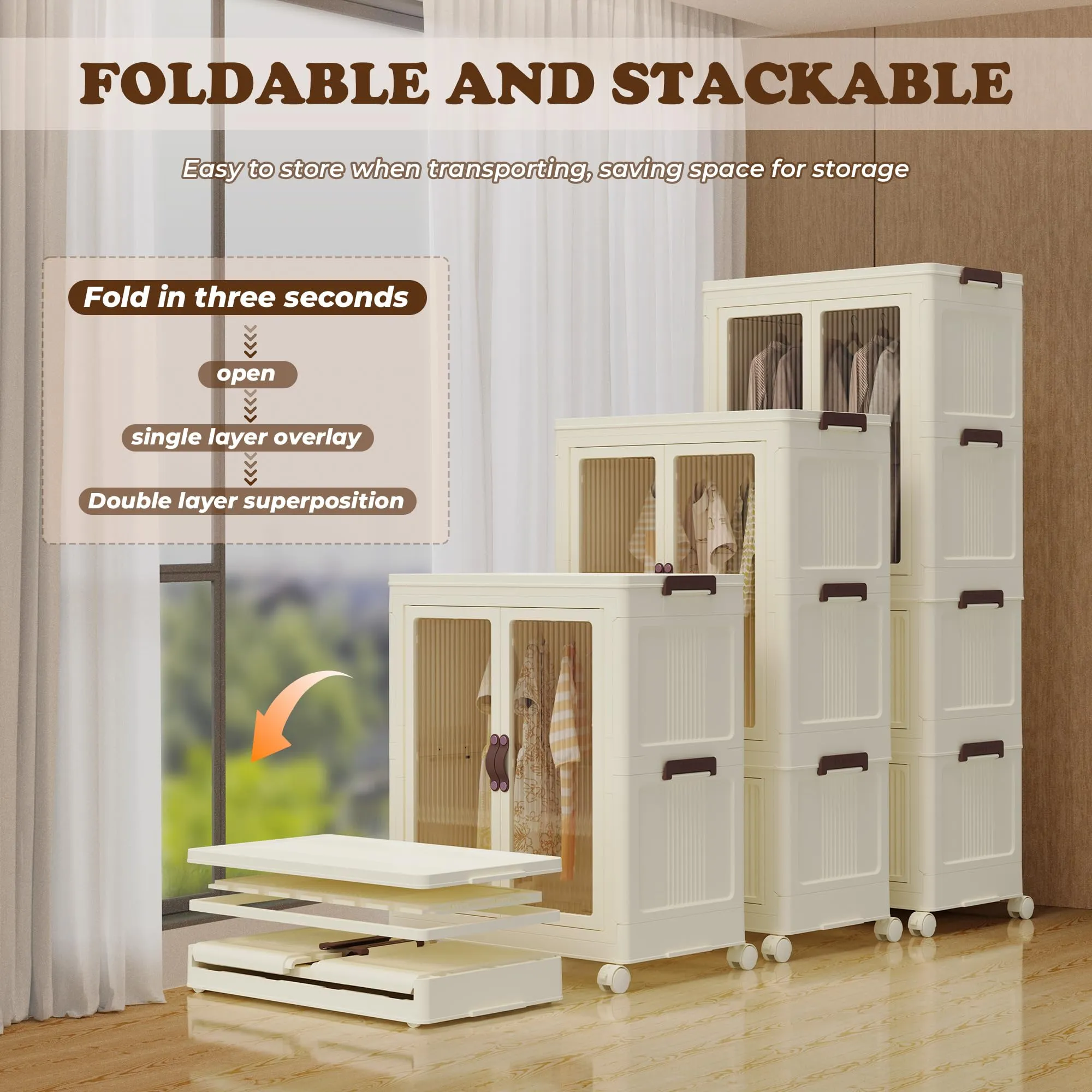 Jifvrnk Portable Closet Wardrobe, Collapsible Armoire Wardrobe Closet with Doors, Wheels and Hanging Rod, Easy Install(Large)