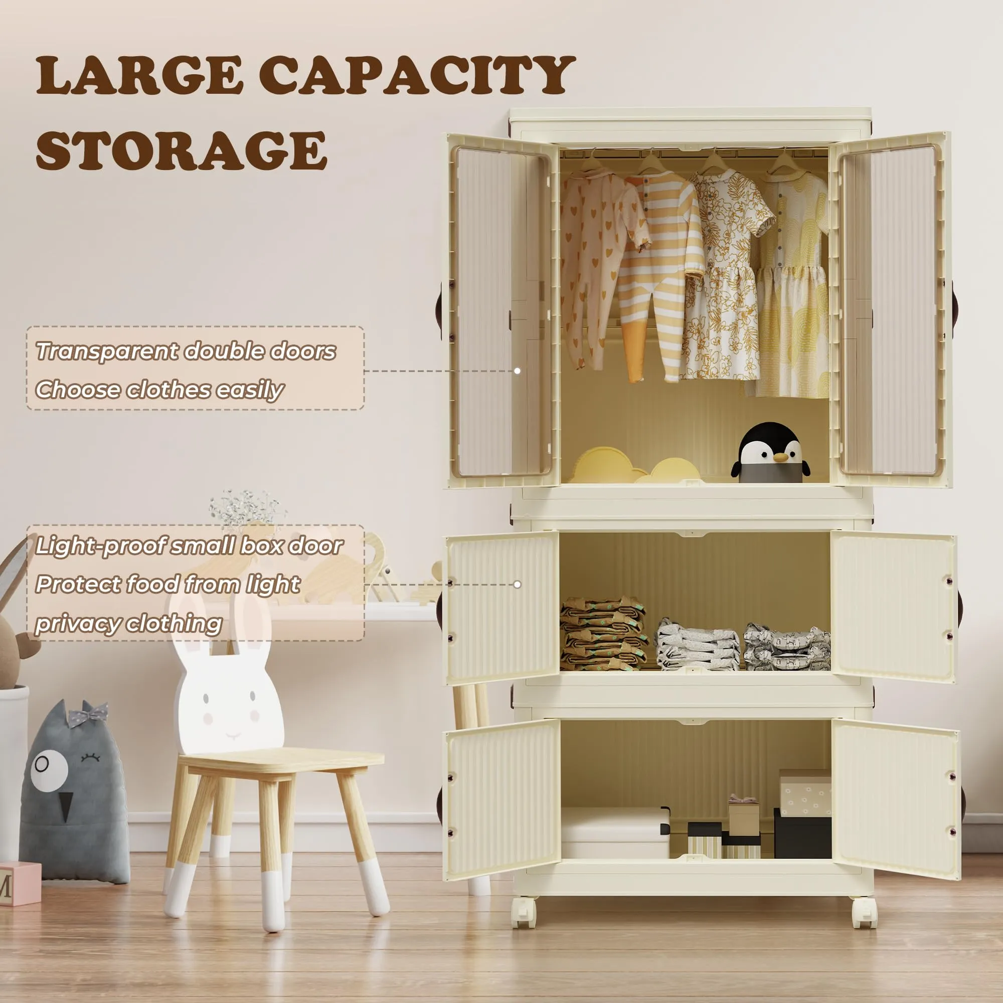 Jifvrnk Portable Closet Wardrobe, Collapsible Armoire Wardrobe Closet with Doors, Wheels and Hanging Rod, Easy Install(Large)
