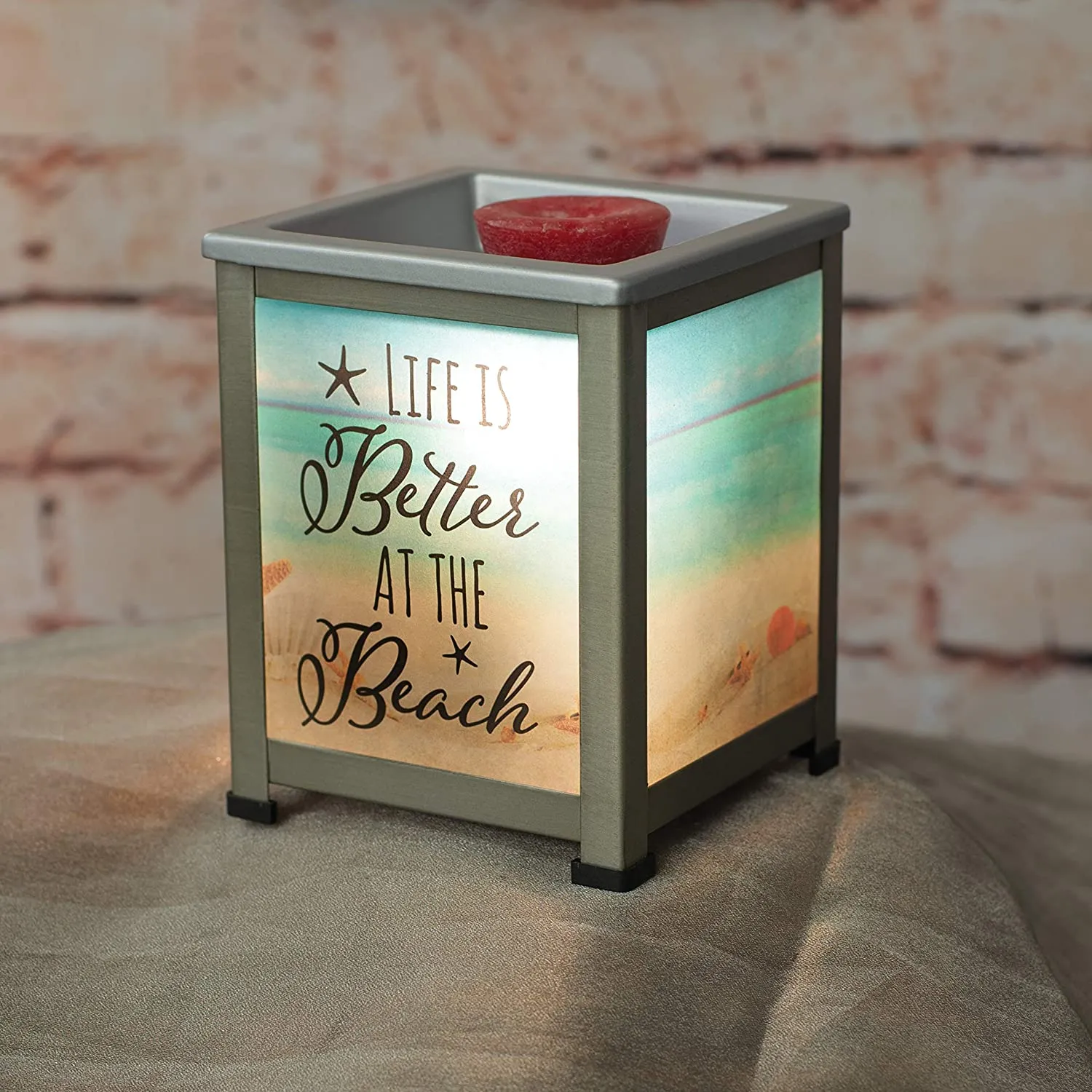 Life Better at Beach Seashore Silvertone Metal Electrical Wax Tart & Oil Glass Lantern Warmer