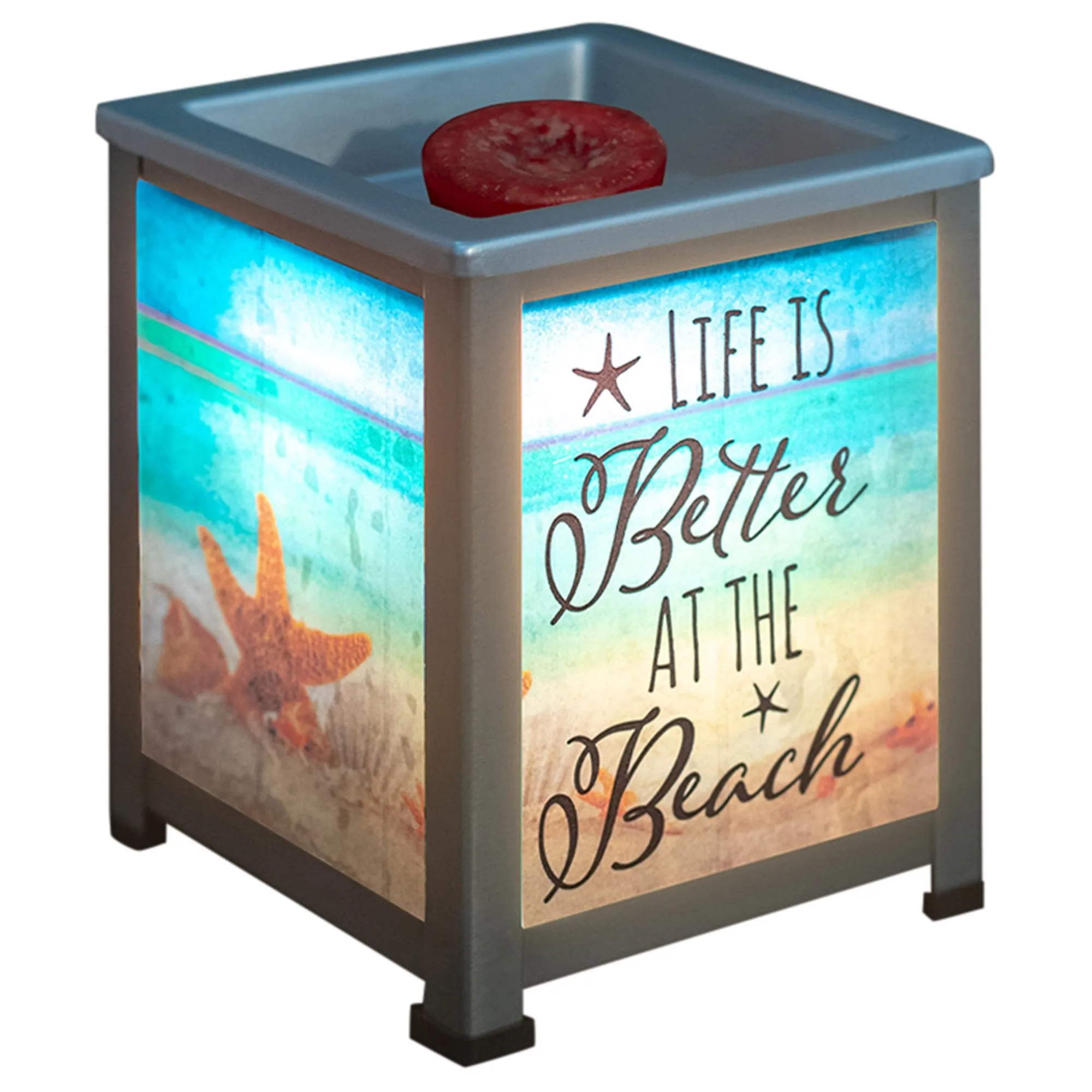 Life Better at Beach Seashore Silvertone Metal Electrical Wax Tart & Oil Glass Lantern Warmer