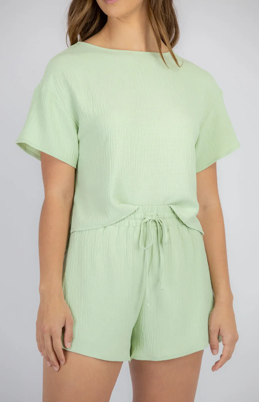 Lime Coloured Textured Set With Loose Fit Top And Shorts