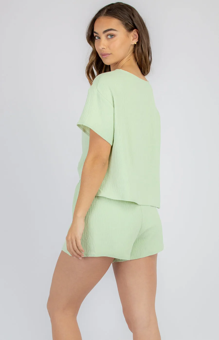 Lime Coloured Textured Set With Loose Fit Top And Shorts