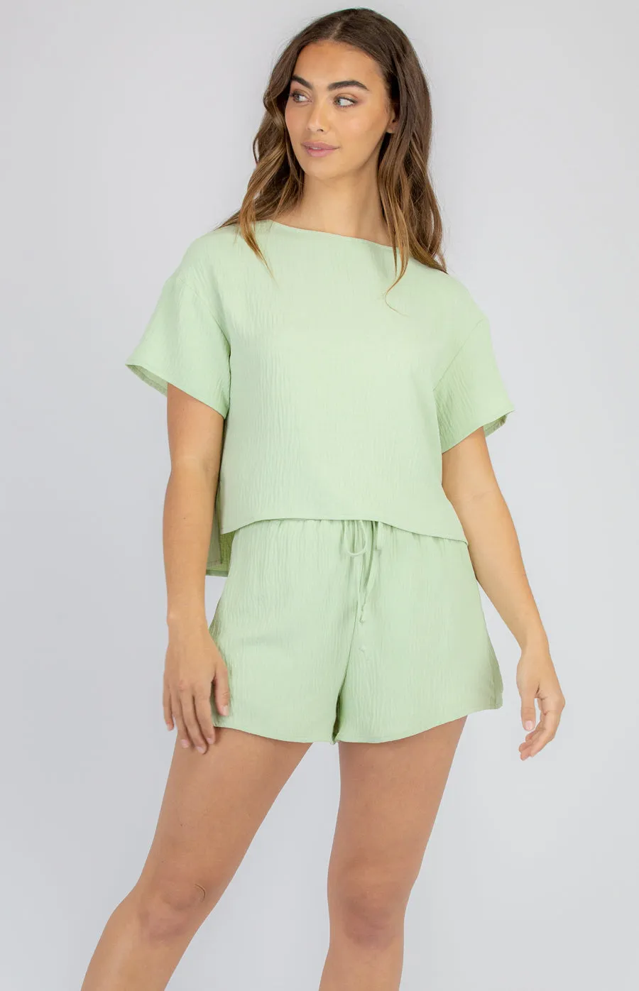 Lime Coloured Textured Set With Loose Fit Top And Shorts
