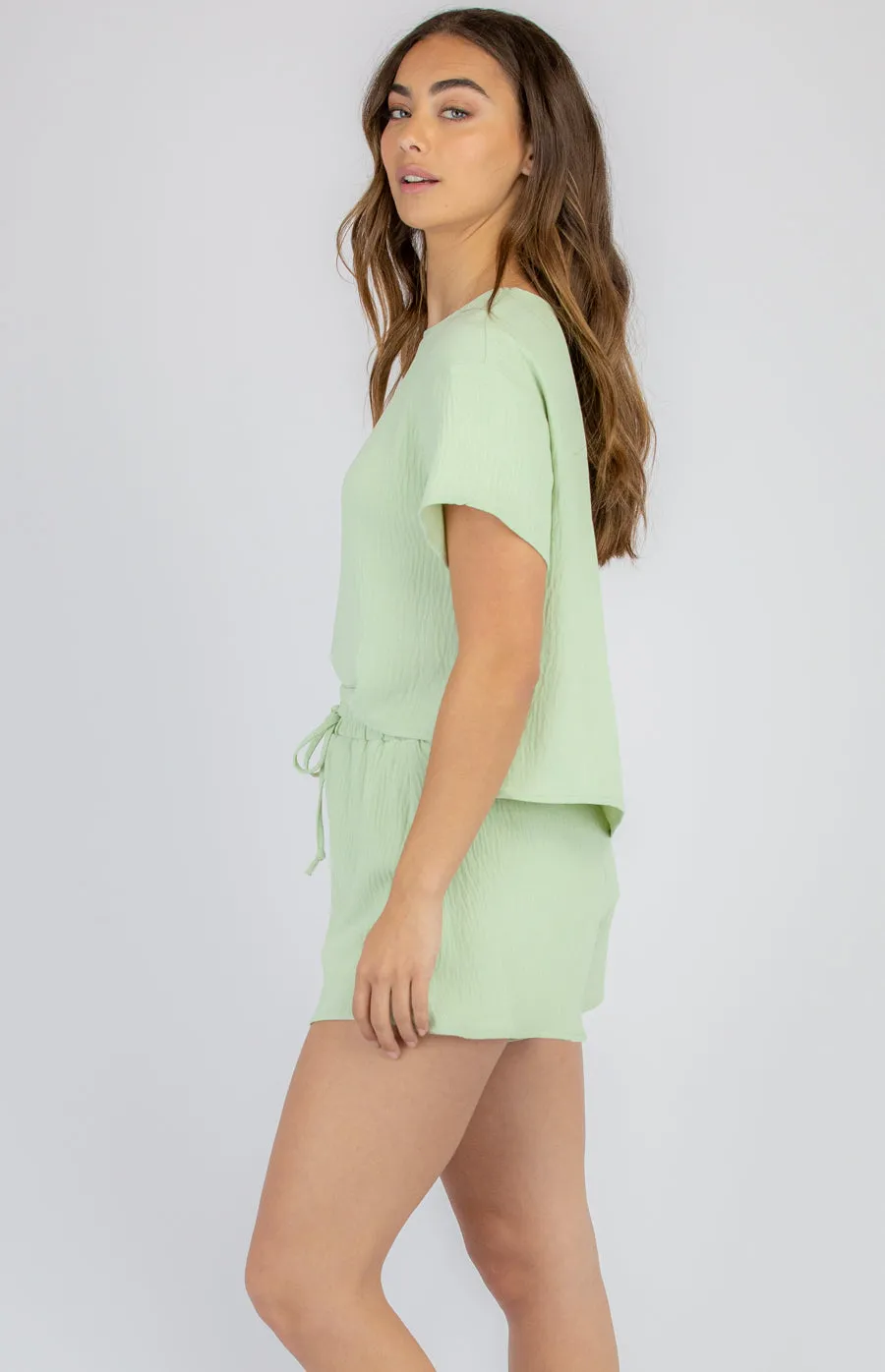 Lime Coloured Textured Set With Loose Fit Top And Shorts