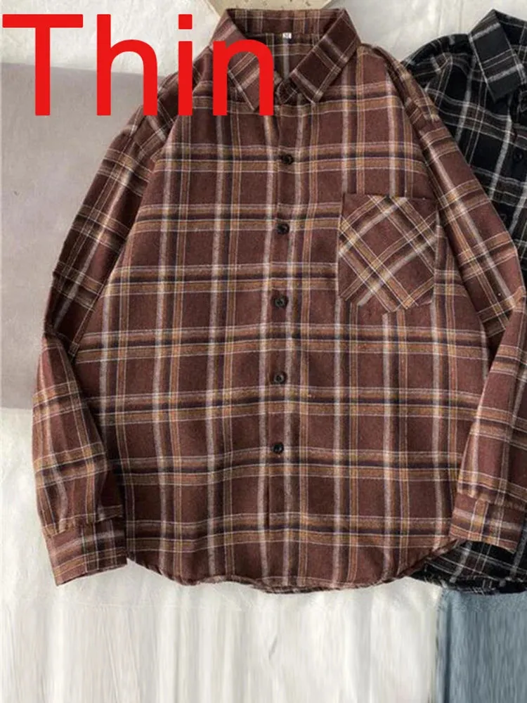 LVSANW Women Velvet Thicken Plaid Shirts Blouses Autumn Winter Warm Shirts Casual Loose Single Breasted Tops Vintage Long Sleeve Pocket