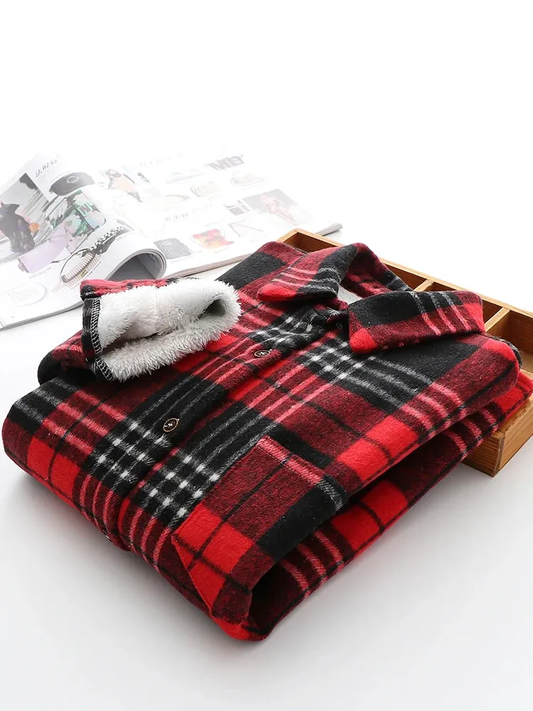 LVSANW Women Velvet Thicken Plaid Shirts Blouses Autumn Winter Warm Shirts Casual Loose Single Breasted Tops Vintage Long Sleeve Pocket