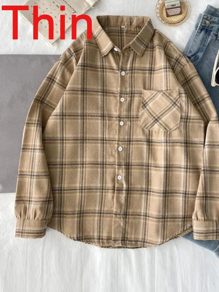 LVSANW Women Velvet Thicken Plaid Shirts Blouses Autumn Winter Warm Shirts Casual Loose Single Breasted Tops Vintage Long Sleeve Pocket