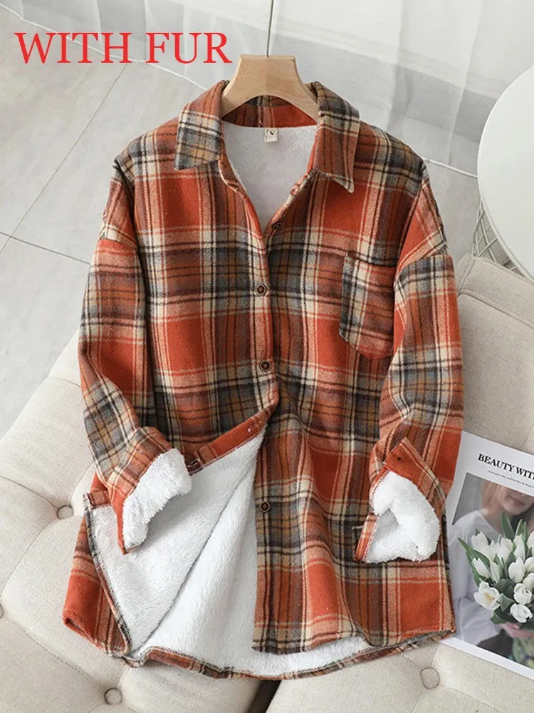 LVSANW Women Velvet Thicken Plaid Shirts Blouses Autumn Winter Warm Shirts Casual Loose Single Breasted Tops Vintage Long Sleeve Pocket