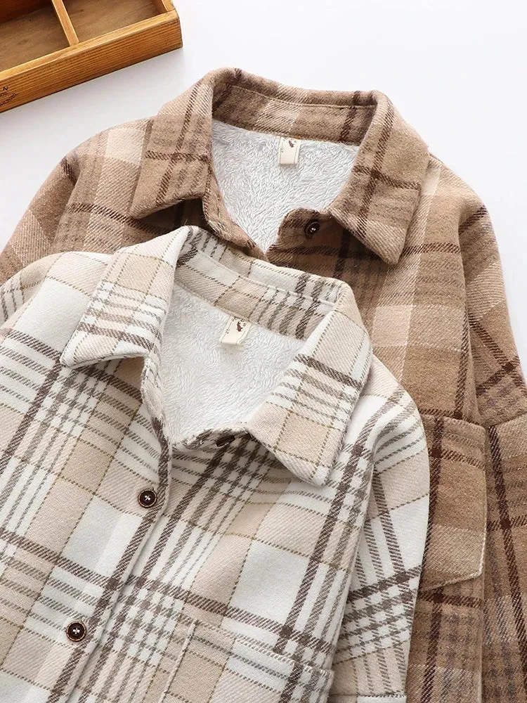 LVSANW Women Velvet Thicken Plaid Shirts Blouses Autumn Winter Warm Shirts Casual Loose Single Breasted Tops Vintage Long Sleeve Pocket