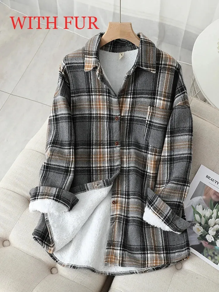 LVSANW Women Velvet Thicken Plaid Shirts Blouses Autumn Winter Warm Shirts Casual Loose Single Breasted Tops Vintage Long Sleeve Pocket