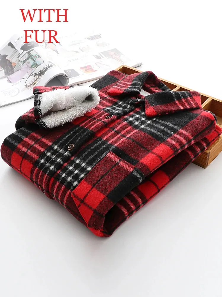 LVSANW Women Velvet Thicken Plaid Shirts Blouses Autumn Winter Warm Shirts Casual Loose Single Breasted Tops Vintage Long Sleeve Pocket