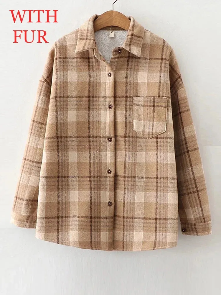 LVSANW Women Velvet Thicken Plaid Shirts Blouses Autumn Winter Warm Shirts Casual Loose Single Breasted Tops Vintage Long Sleeve Pocket