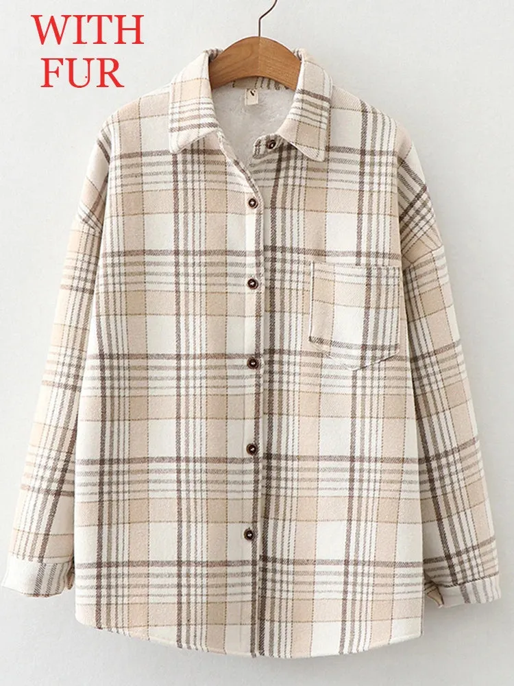 LVSANW Women Velvet Thicken Plaid Shirts Blouses Autumn Winter Warm Shirts Casual Loose Single Breasted Tops Vintage Long Sleeve Pocket