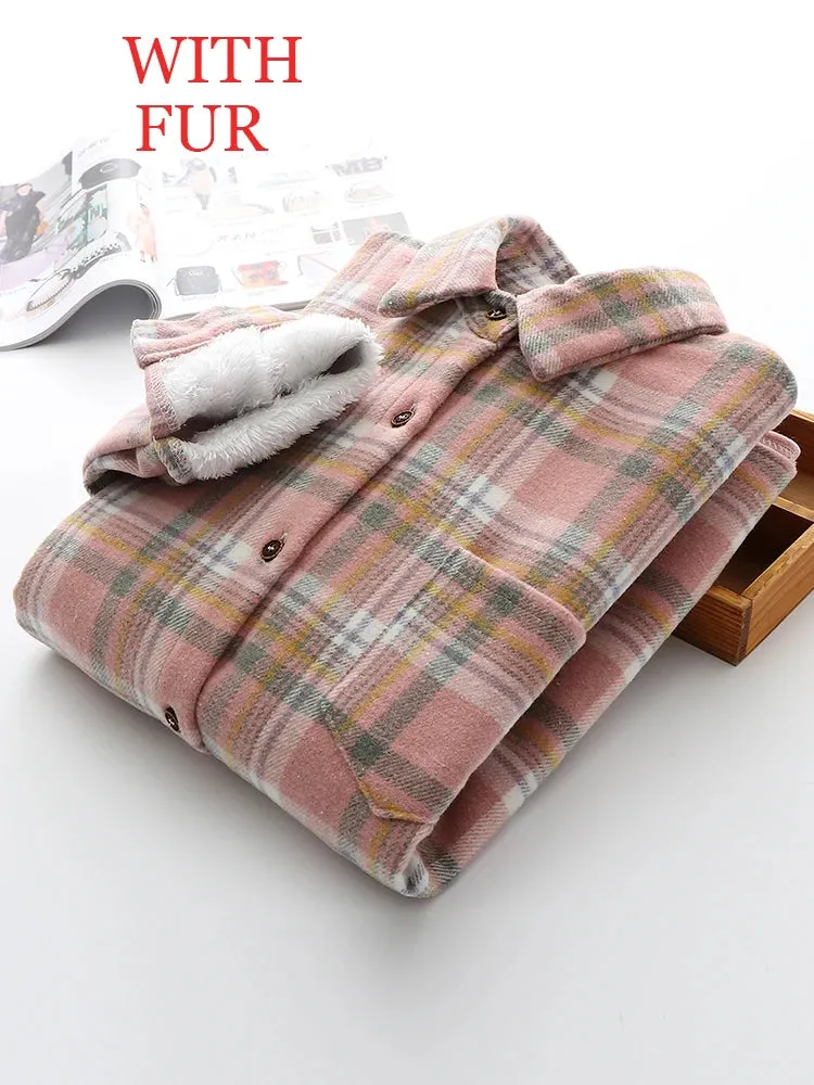 LVSANW Women Velvet Thicken Plaid Shirts Blouses Autumn Winter Warm Shirts Casual Loose Single Breasted Tops Vintage Long Sleeve Pocket
