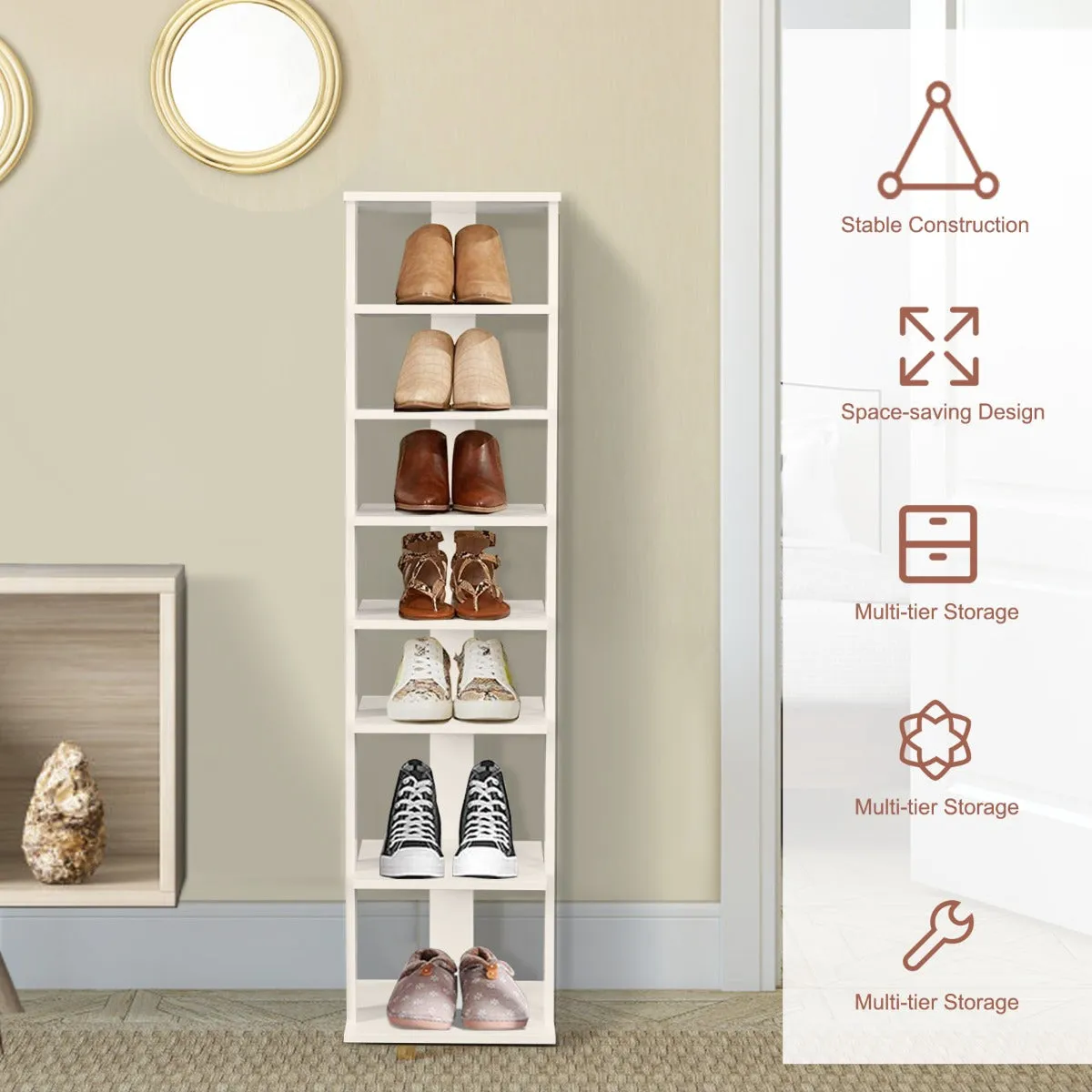 NNECW Wooden Shoe Rack with 8 Levels and Large Capacity for Entry/Living Room-White