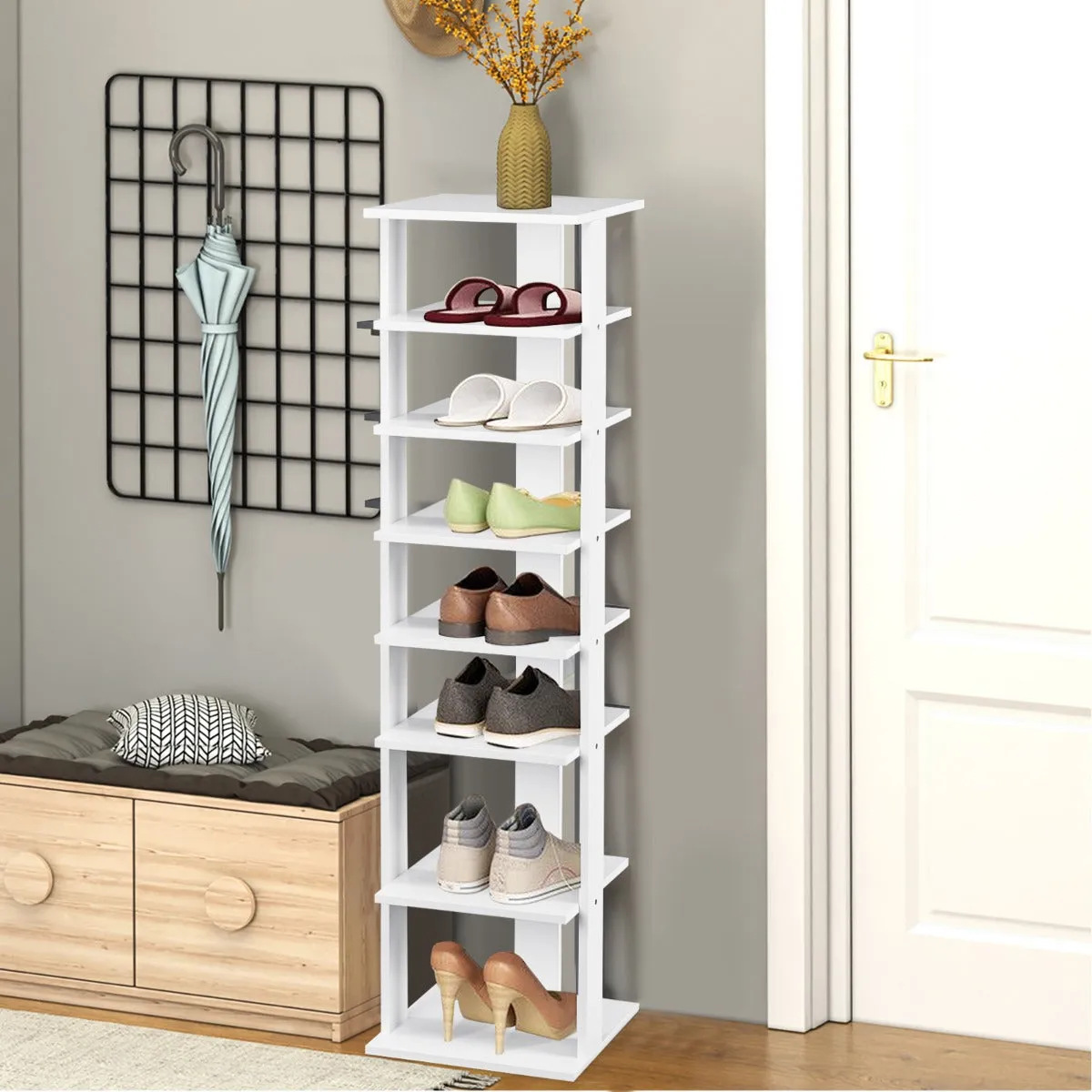 NNECW Wooden Shoe Rack with 8 Levels and Large Capacity for Entry/Living Room-White