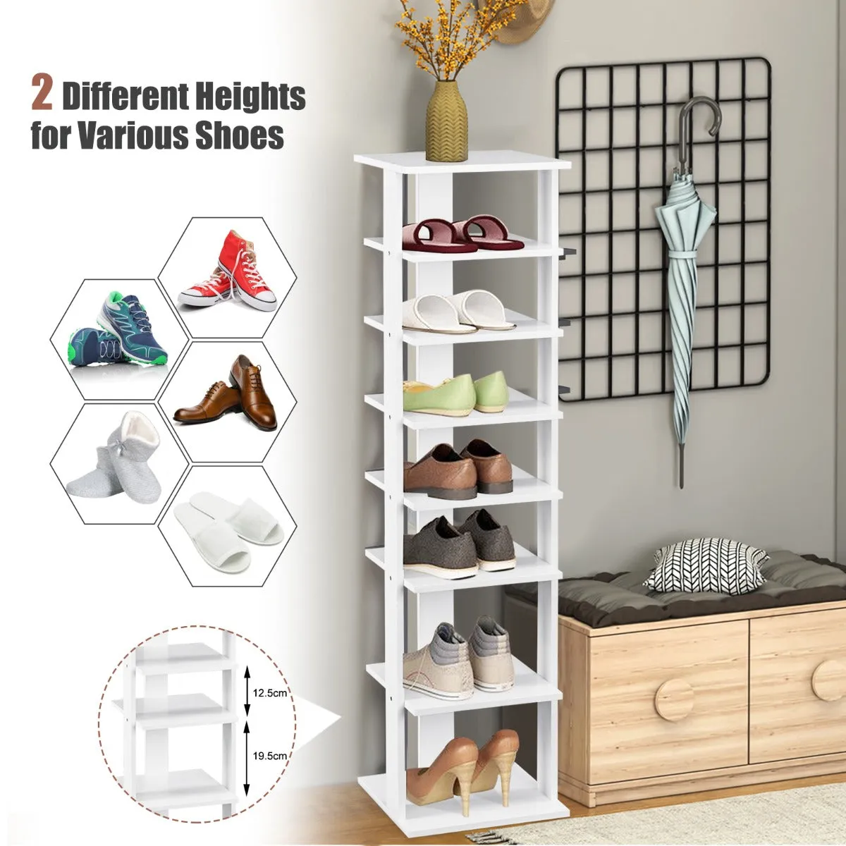 NNECW Wooden Shoe Rack with 8 Levels and Large Capacity for Entry/Living Room-White