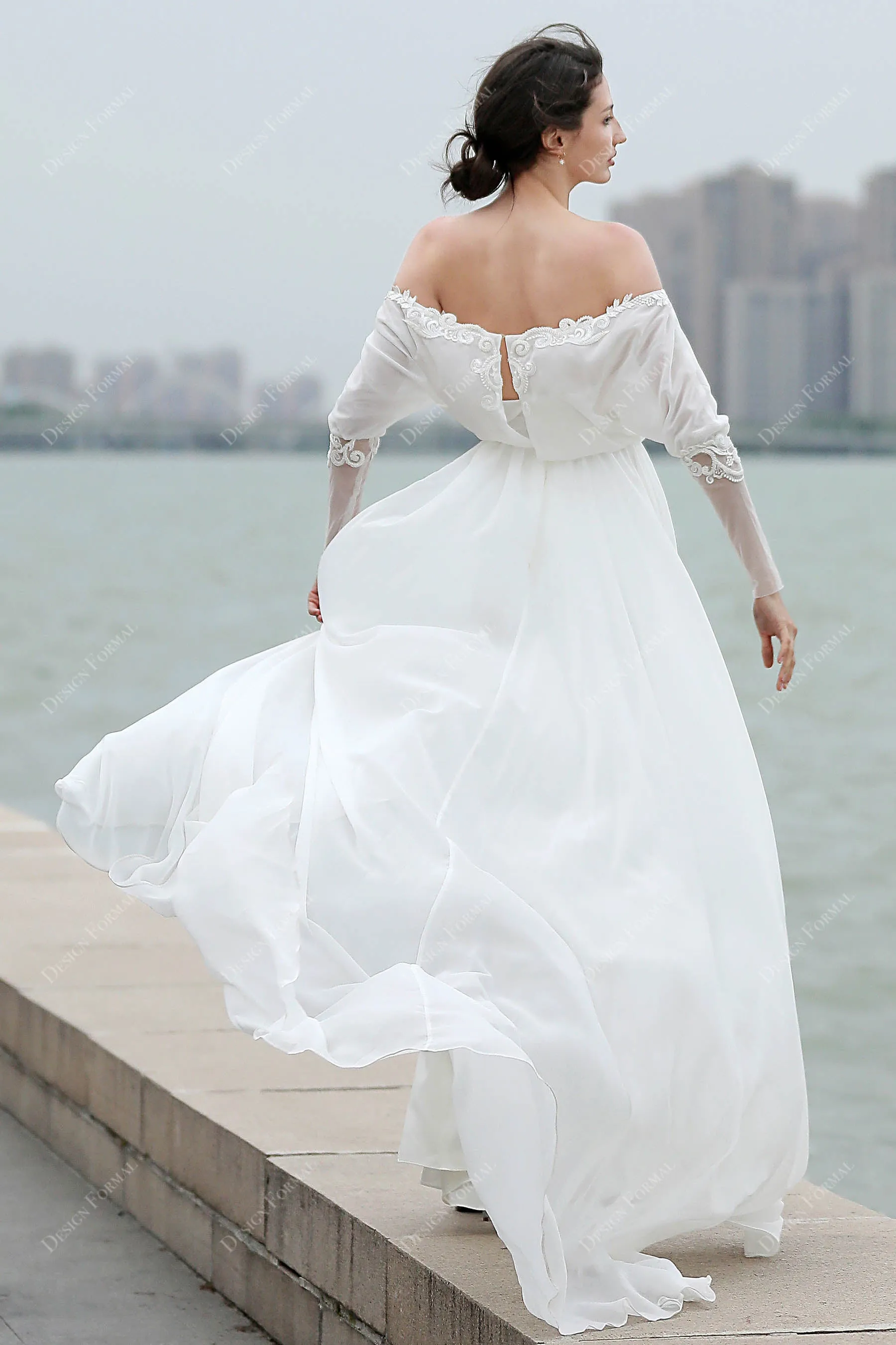 Off-shoulder Flowy Chiffon A-line Beach Wedding Dress