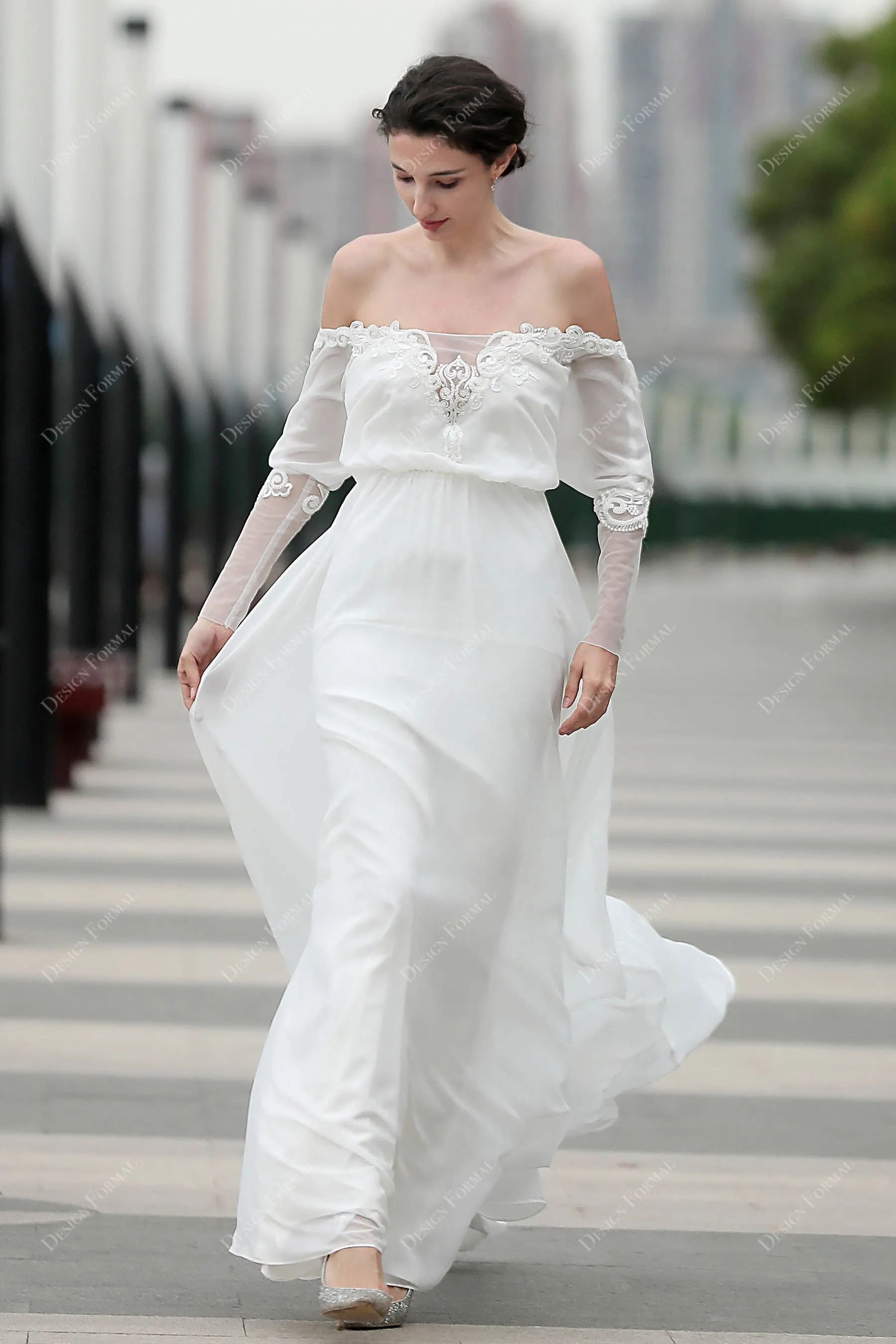 Off-shoulder Flowy Chiffon A-line Beach Wedding Dress