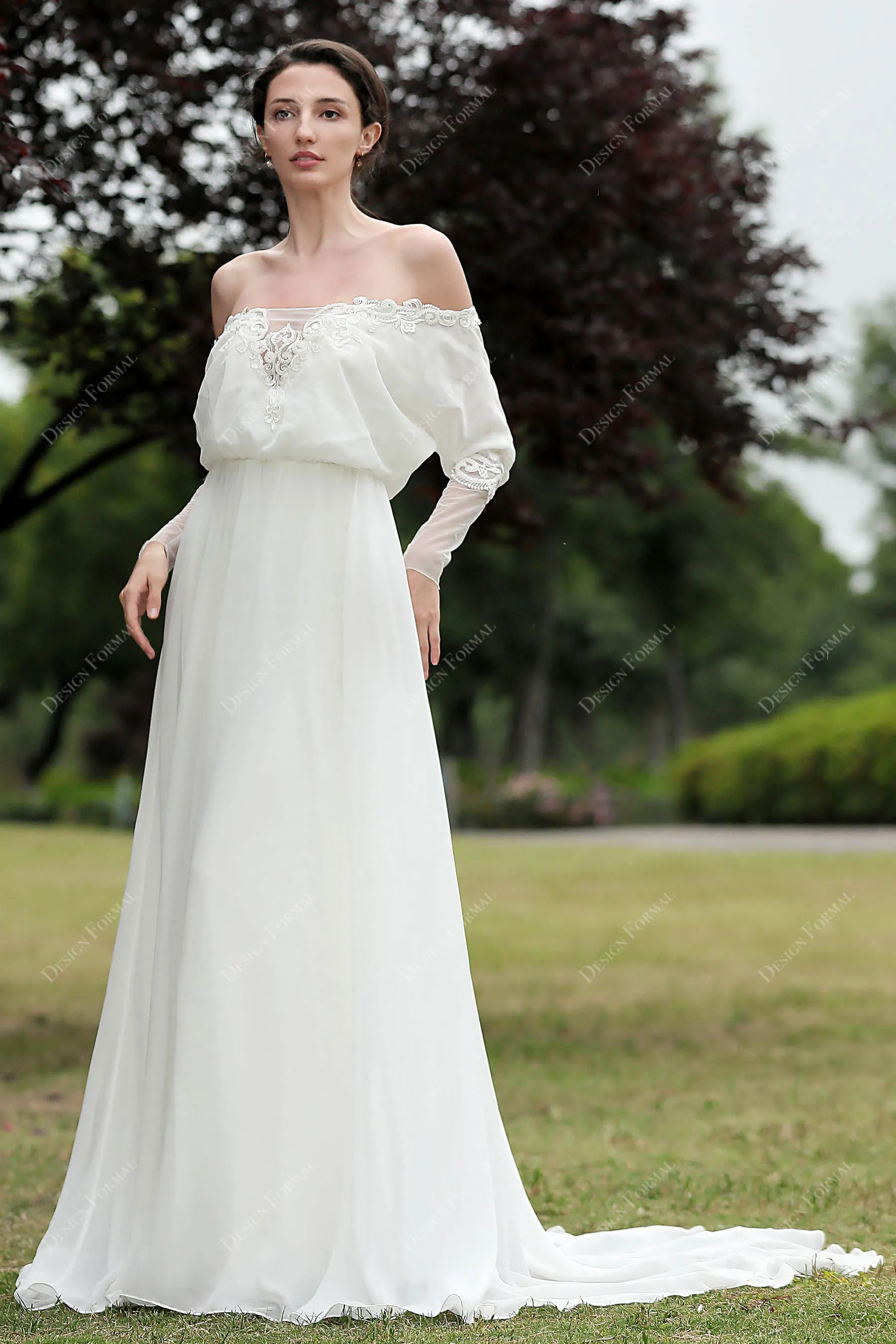 Off-shoulder Flowy Chiffon A-line Beach Wedding Dress