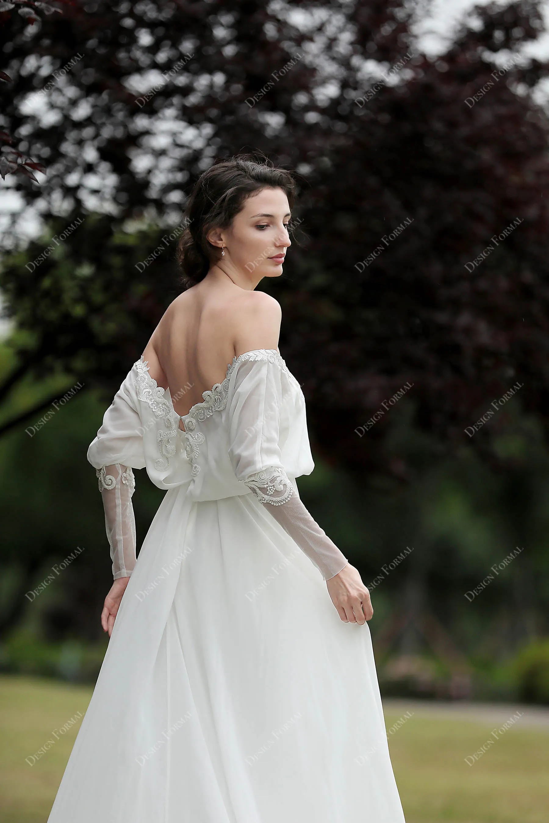 Off-shoulder Flowy Chiffon A-line Beach Wedding Dress