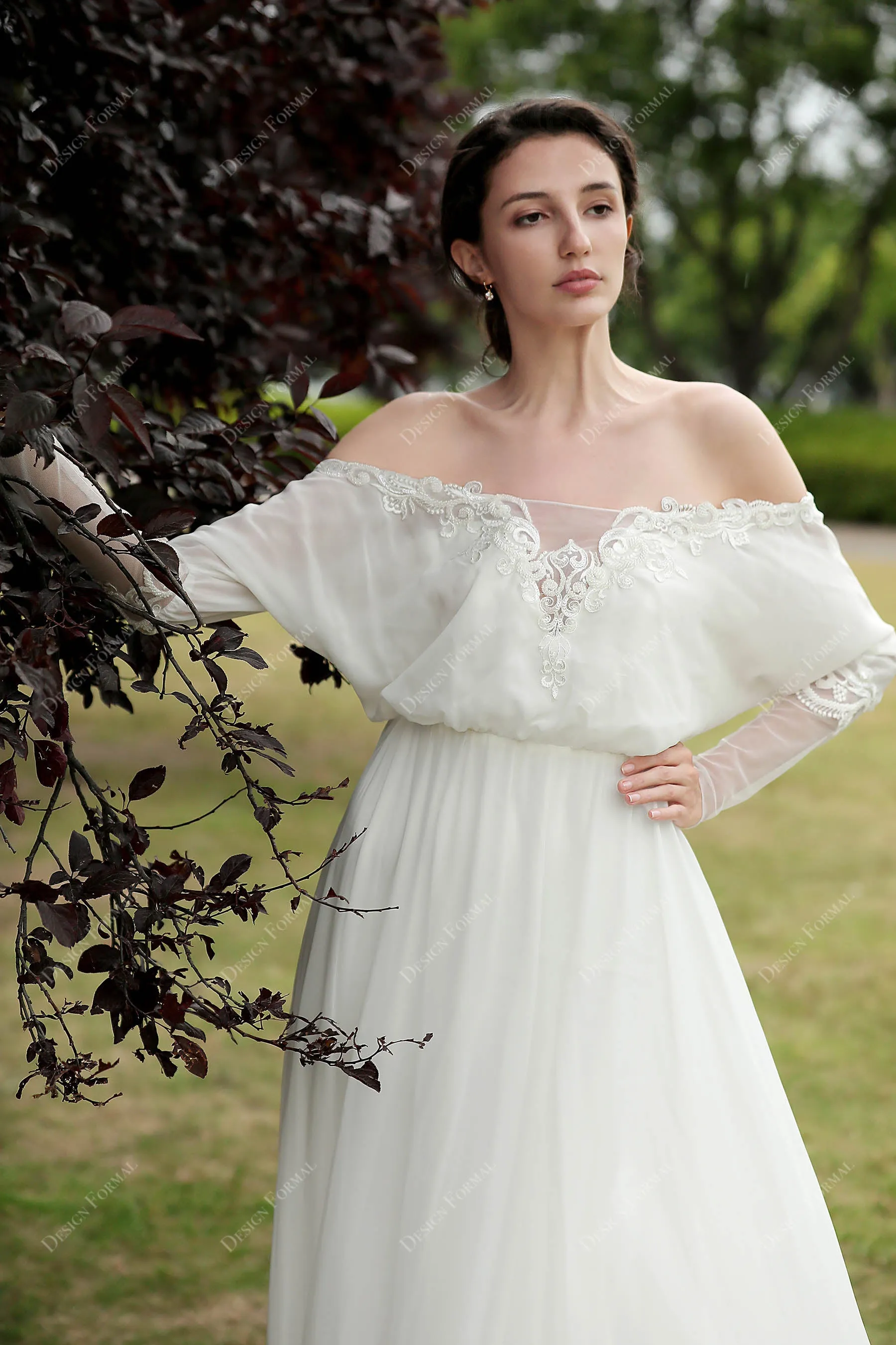 Off-shoulder Flowy Chiffon A-line Beach Wedding Dress