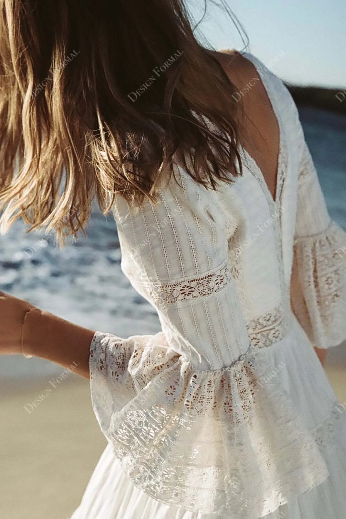 Plunging Lace 3/4 Bell Sleeves Tiered A-line Designer Wedding Dress