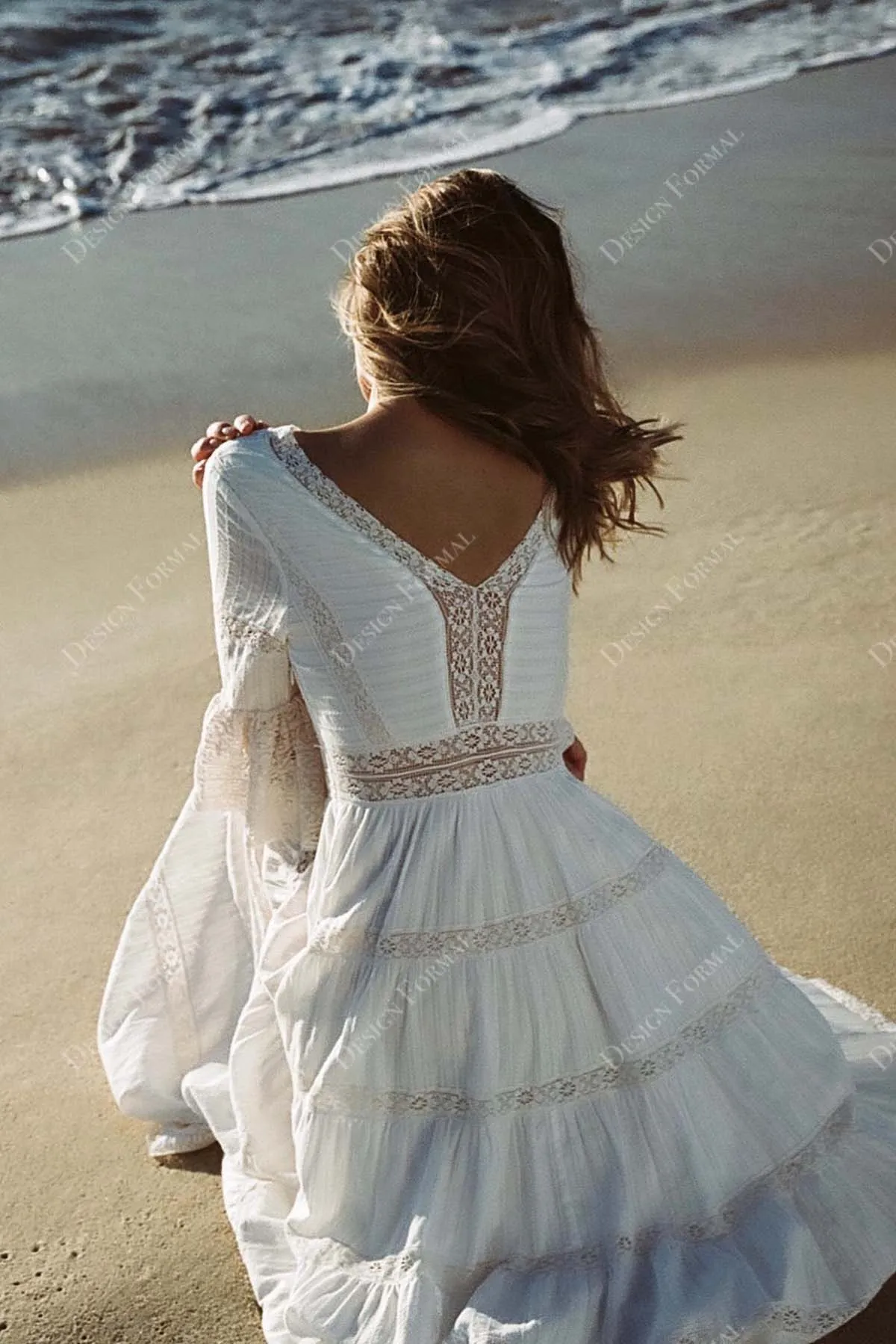 Plunging Lace 3/4 Bell Sleeves Tiered A-line Designer Wedding Dress