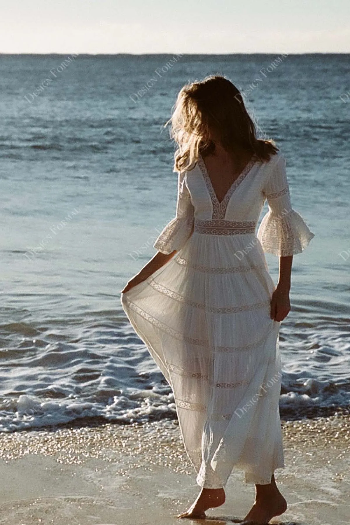 Plunging Lace 3/4 Bell Sleeves Tiered A-line Designer Wedding Dress