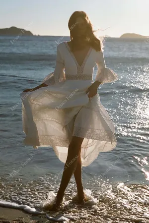 Plunging Lace 3/4 Bell Sleeves Tiered A-line Designer Wedding Dress