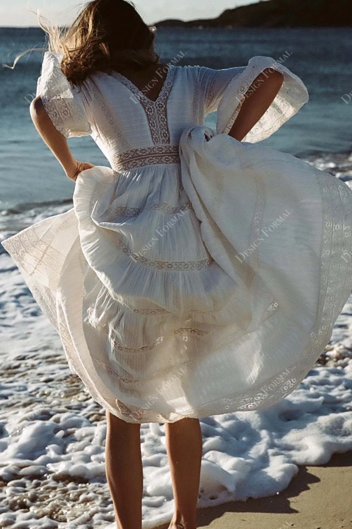 Plunging Lace 3/4 Bell Sleeves Tiered A-line Designer Wedding Dress