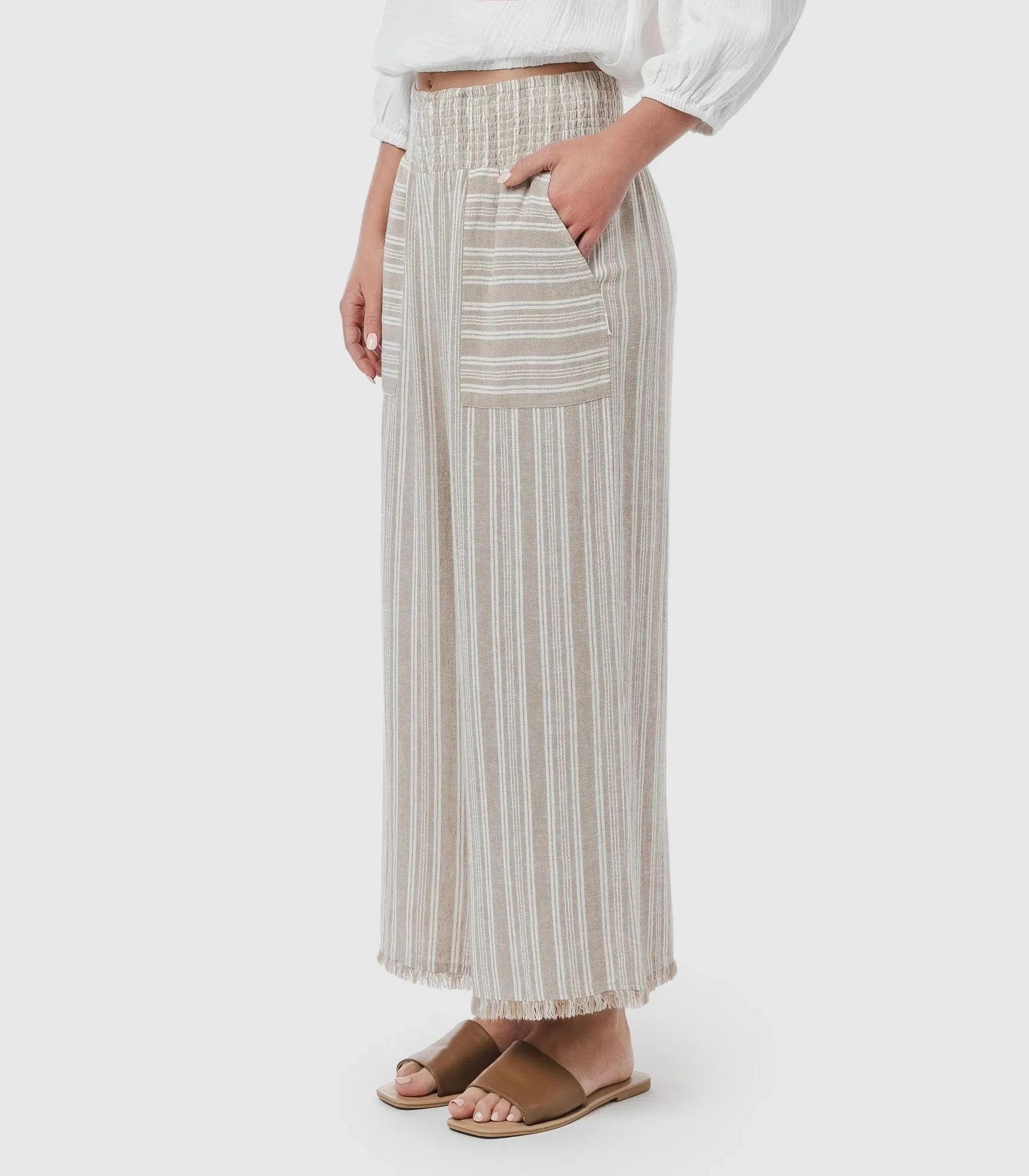 popular  Linen Blend Wide Leg Beach Pants - Piping Hot