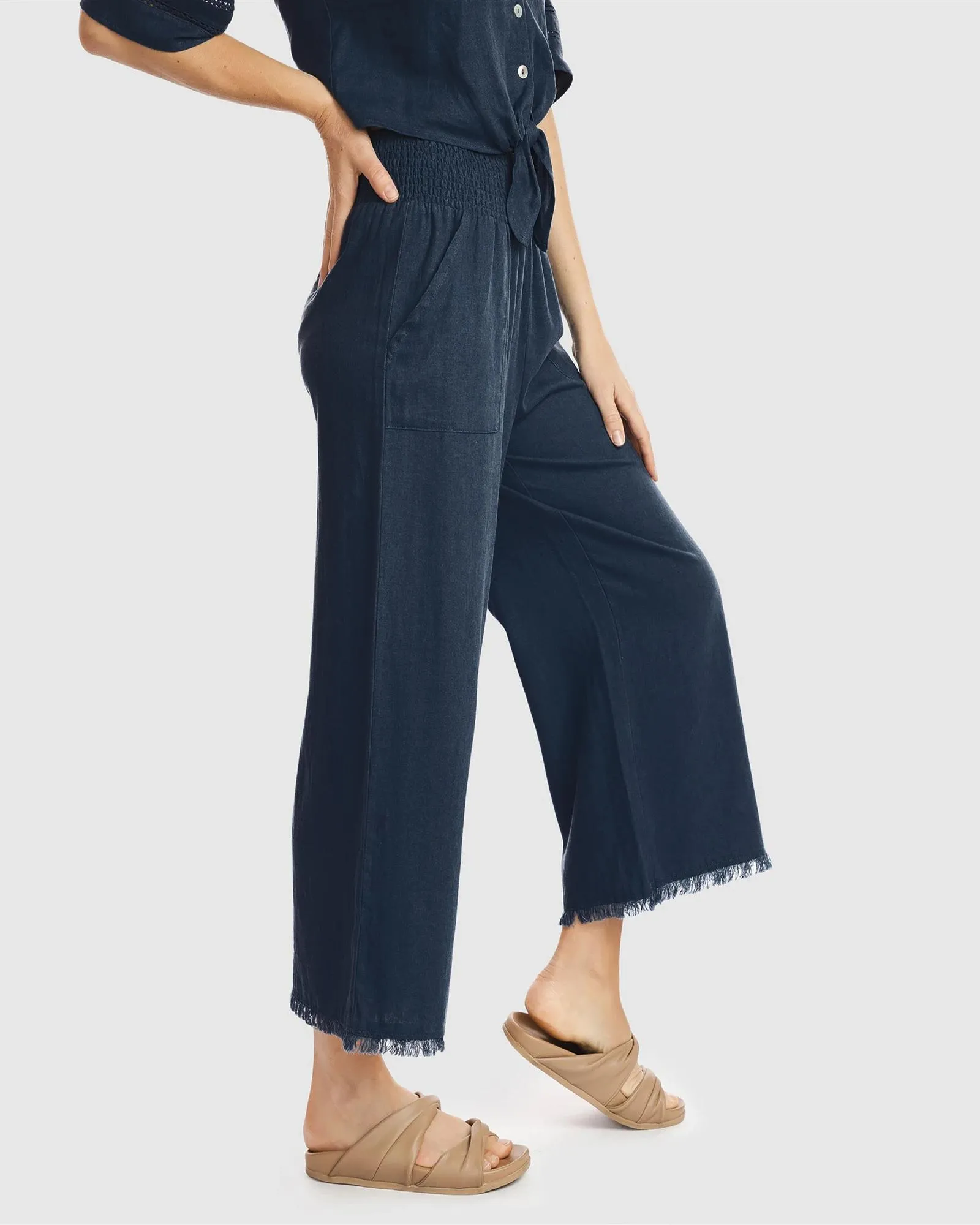 popular  Linen Blend Wide Leg Beach Pants - Piping Hot