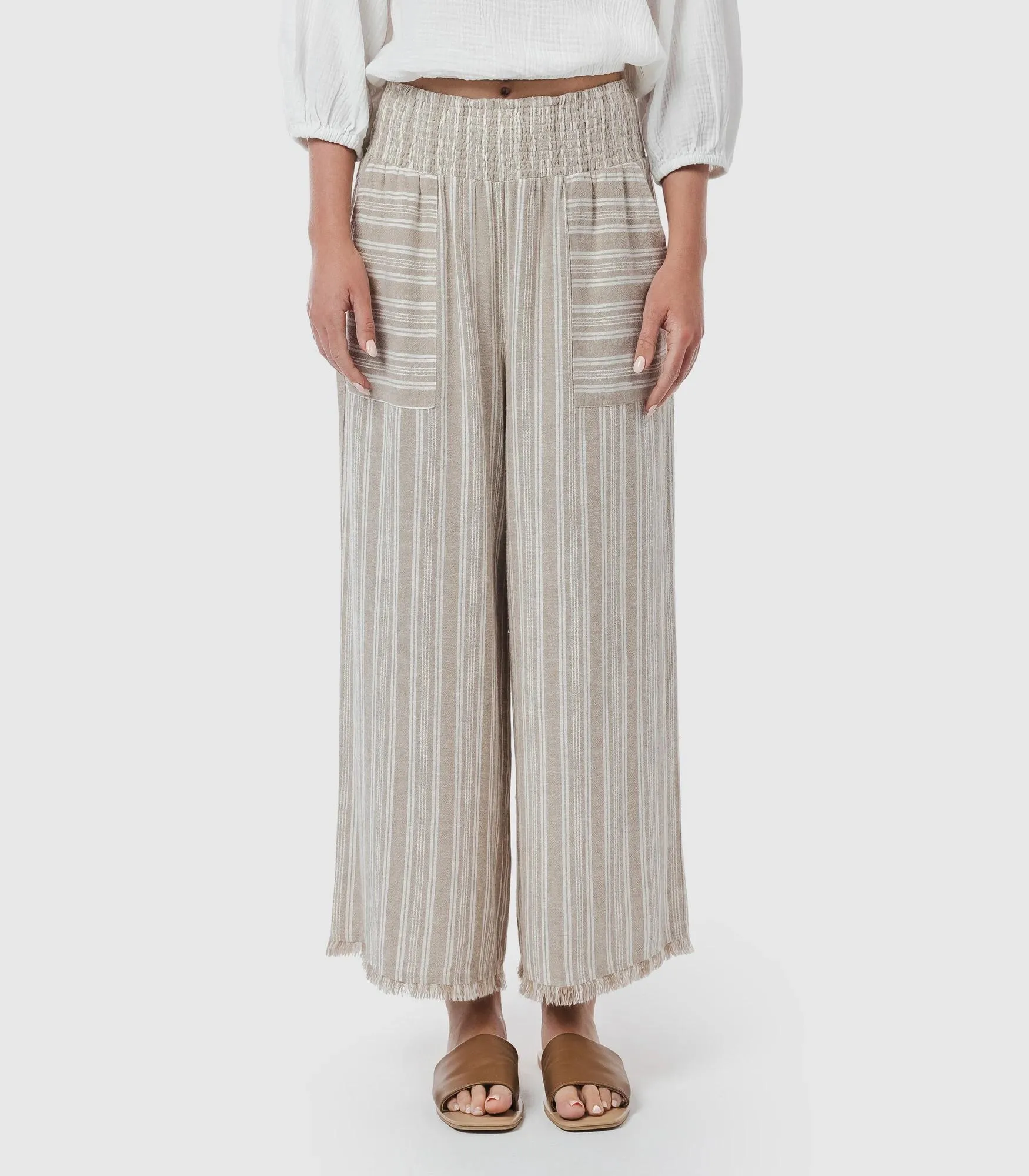 popular  Linen Blend Wide Leg Beach Pants - Piping Hot