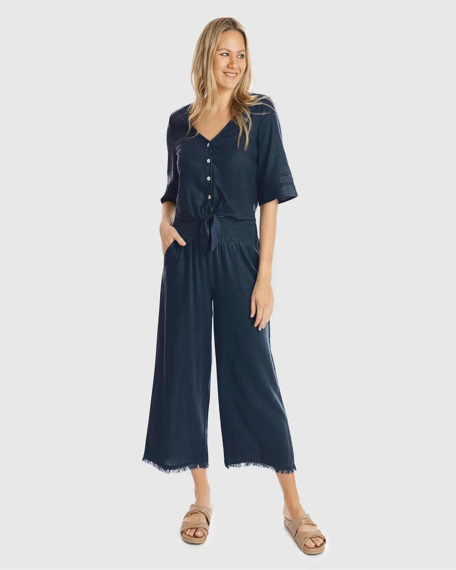 popular  Linen Blend Wide Leg Beach Pants - Piping Hot