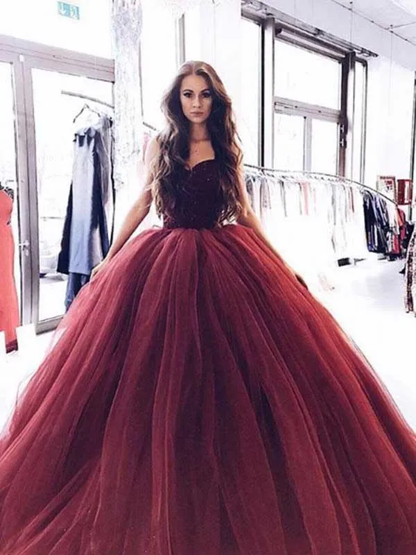 Princess Burgundy Strapless Ball Gown Long Evening Prom Dresses PFP0328