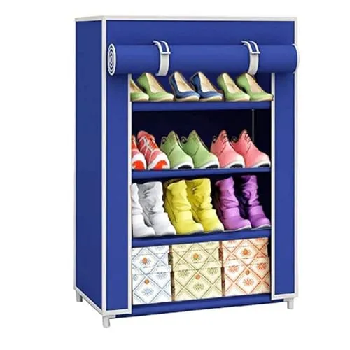 QUARCK Multipurpose 4-Tiers Shoe Rack with Dustproof Zip Cover, Multiuse Wide Space Storage Rack made by Non Woven Fabric for footwear, Toys, clothes (4 Shelves) (Blue)